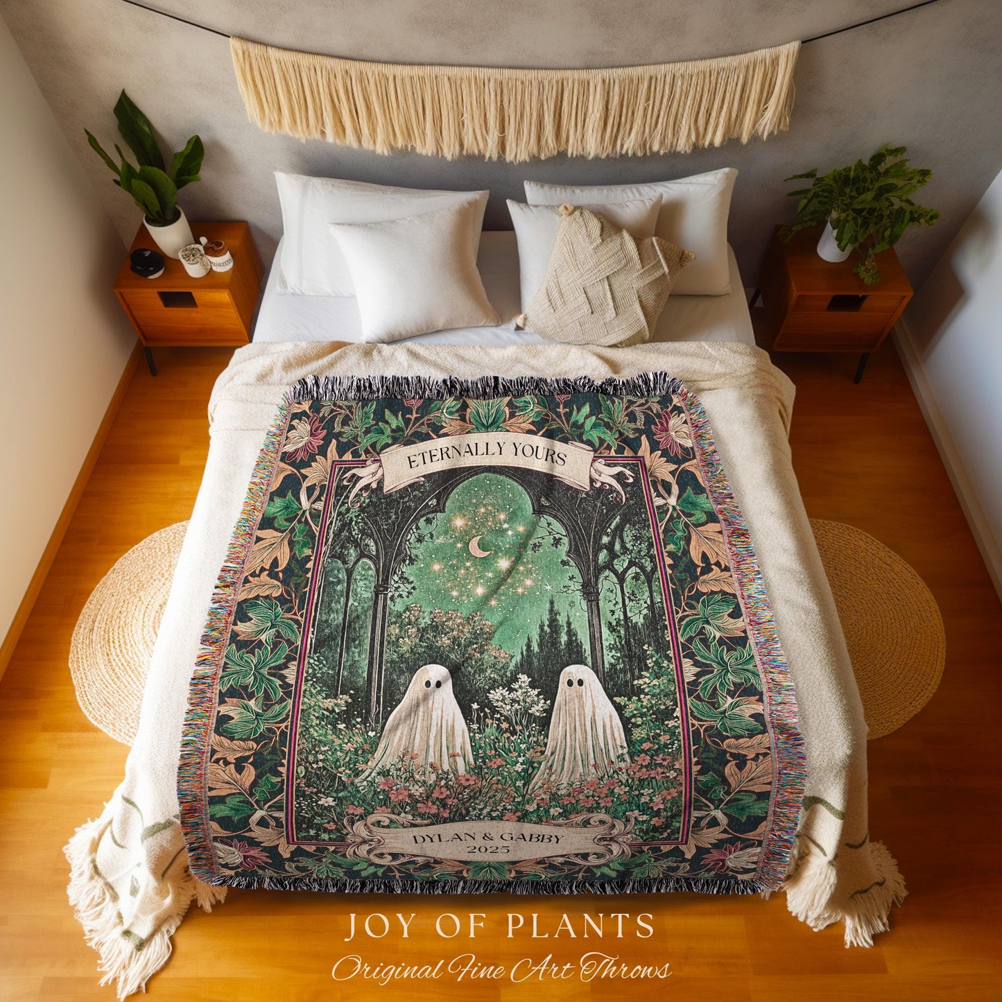 Ghost Couple Starlit Custom Tapestry | Cottagecore Floral Blanket Celestial Ghost Decor Gothic Enchanted Autumn Wedding Magical Personalized