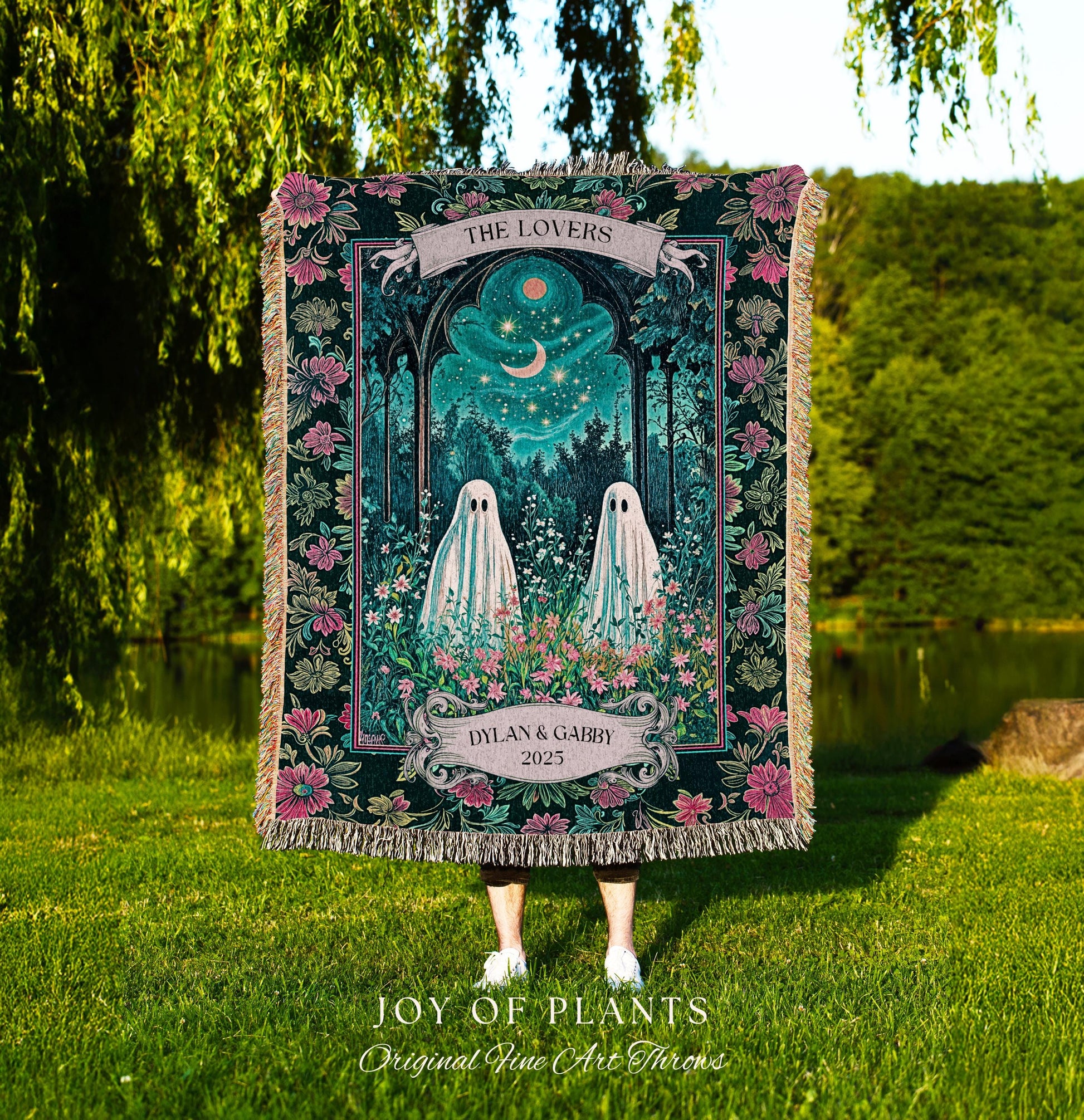 Witchy Ghost Friends Custom Tapestry | Floral Garden Cozy Couple Blanket Cottage Accent Ghost Lovers Celestial Autumn Whimsy Aesthetic Gift