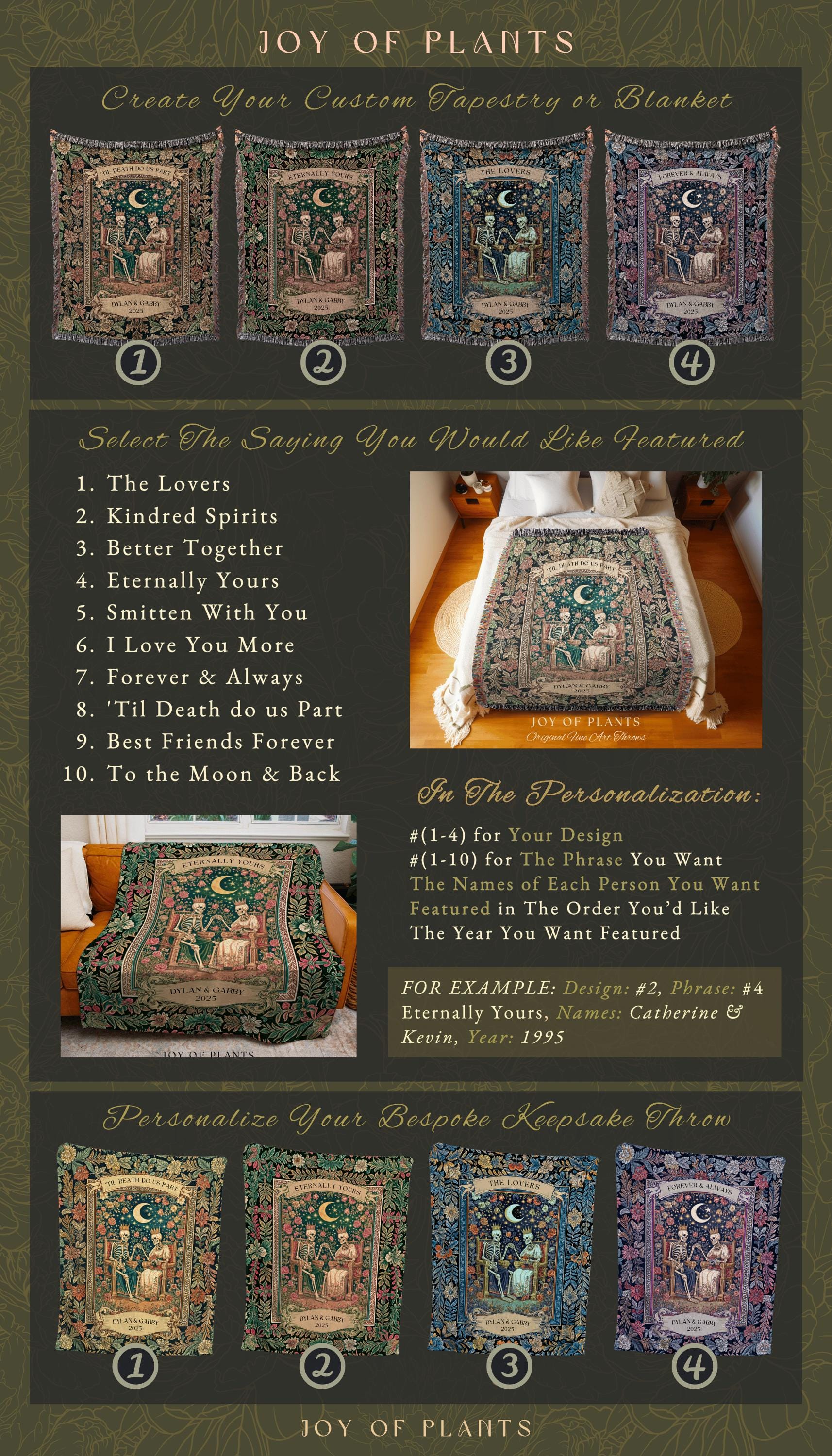 Moonlit Skeleton Lovers Throw Blanket | Whimsigoth Personalized Gothic Romance Celestial Aesthetic Gift Cozy Custom Names Anniversary Floral