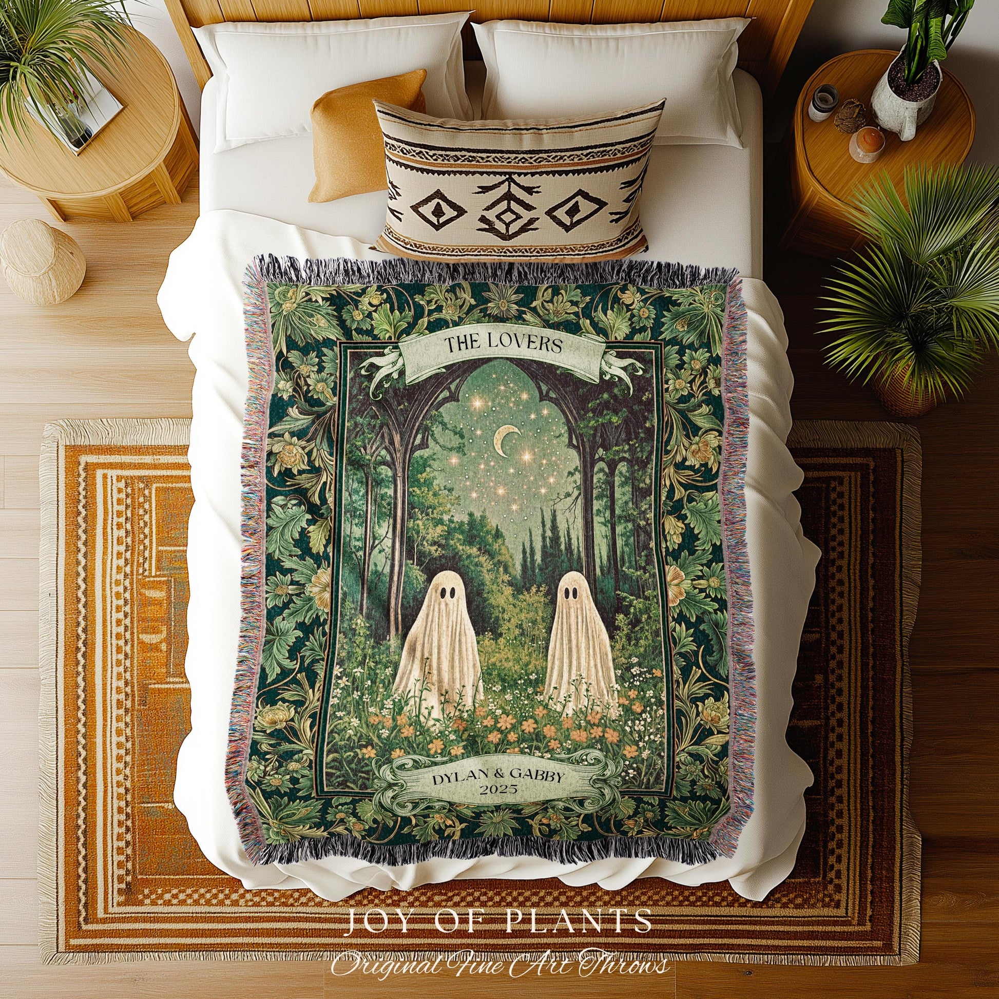 Celestial Ghost Lovers Custom Blanket | Spooky Romantic Sage Green Wedding Ethereal Witchy Aesthetic Moonlit Woven Tapestry Personalized |