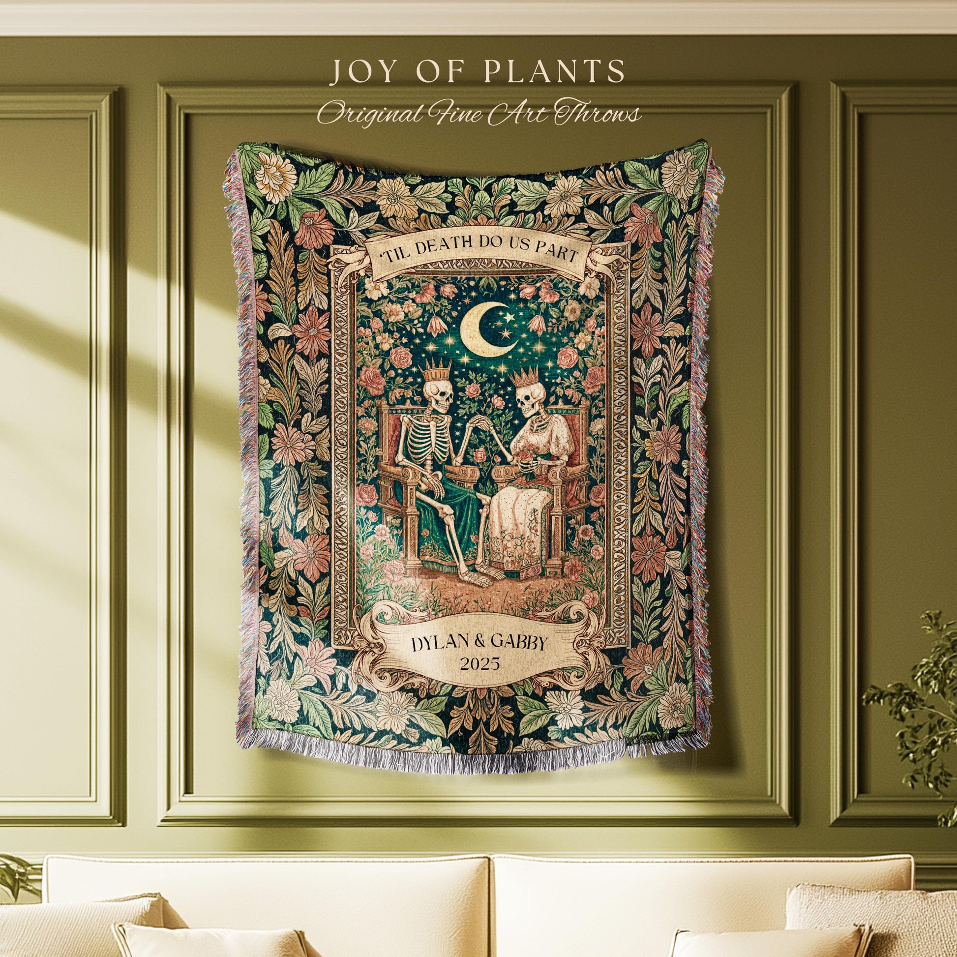 Custom Regal Skeleton Couple Throw Blanket | Celestial Personalized Gothic Lovers Keepsake Whimsigoth Floral Theme Baroque Dark Academia |