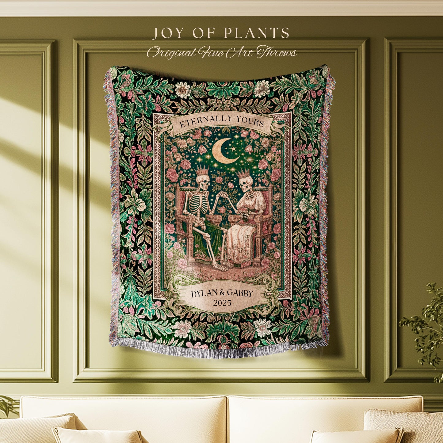 Personalized Skeleton Couple Throw | Custom Gothic Lovers Whimsigoth Baroque Decor Botanical Aesthetic Gift Victorian Romance Woven Tapestry
