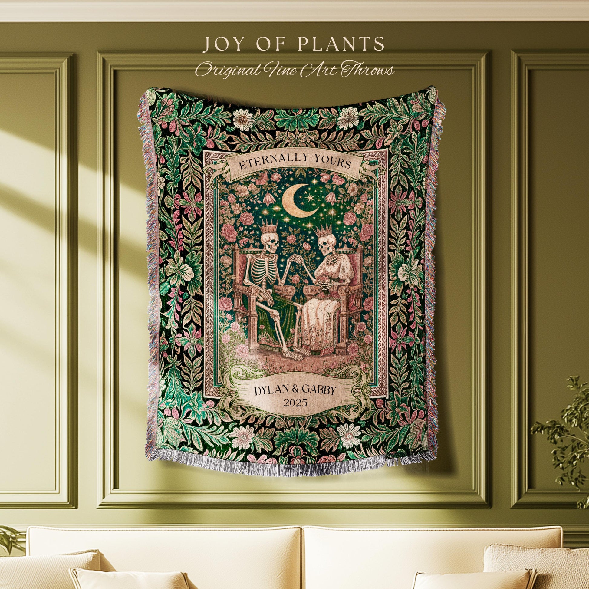 Personalized Skeleton Couple Throw | Custom Gothic Lovers Whimsigoth Baroque Decor Botanical Aesthetic Gift Victorian Romance Woven Tapestry