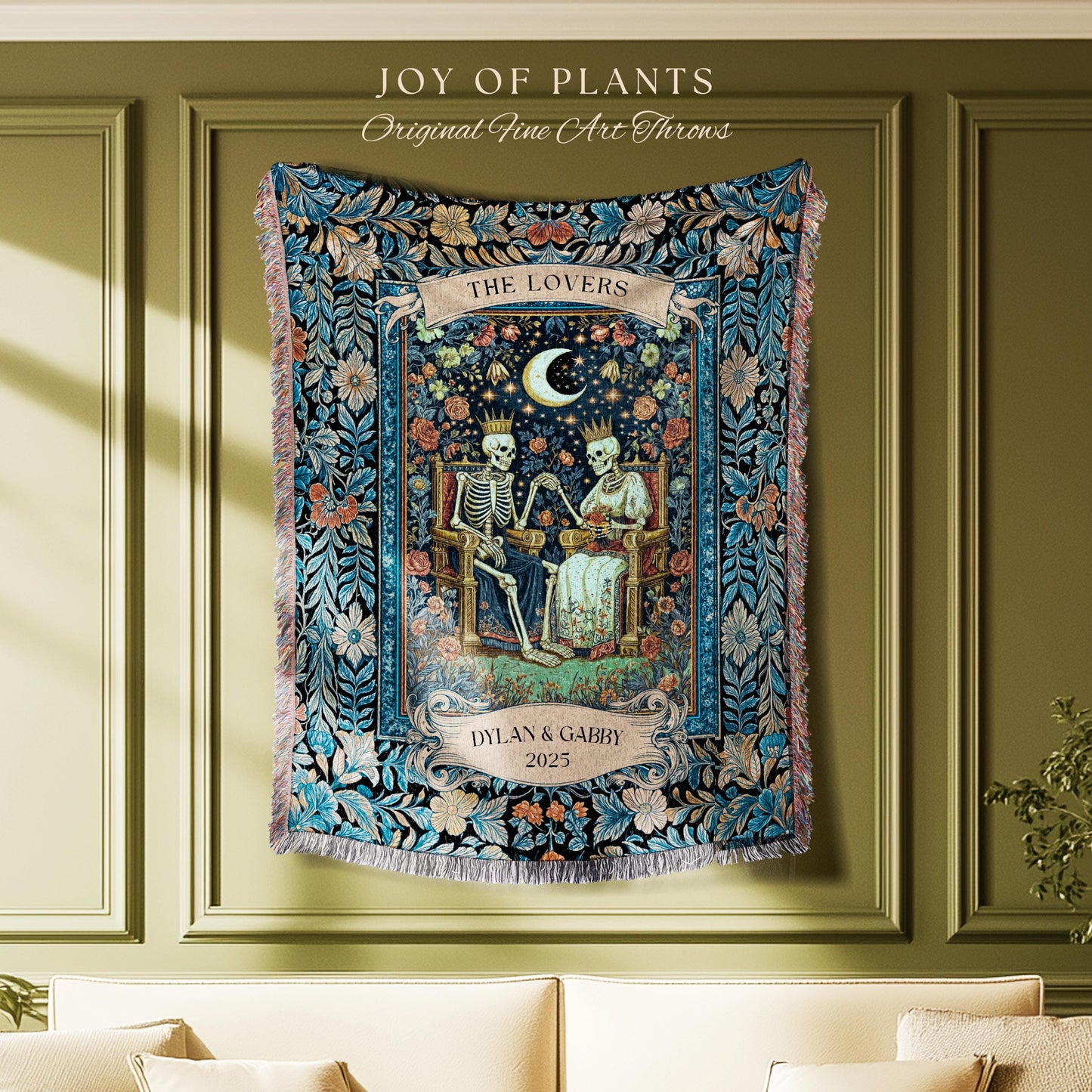 Moonlit Skeleton Lovers Throw Blanket | Whimsigoth Personalized Gothic Romance Celestial Aesthetic Gift Cozy Custom Names Anniversary Floral