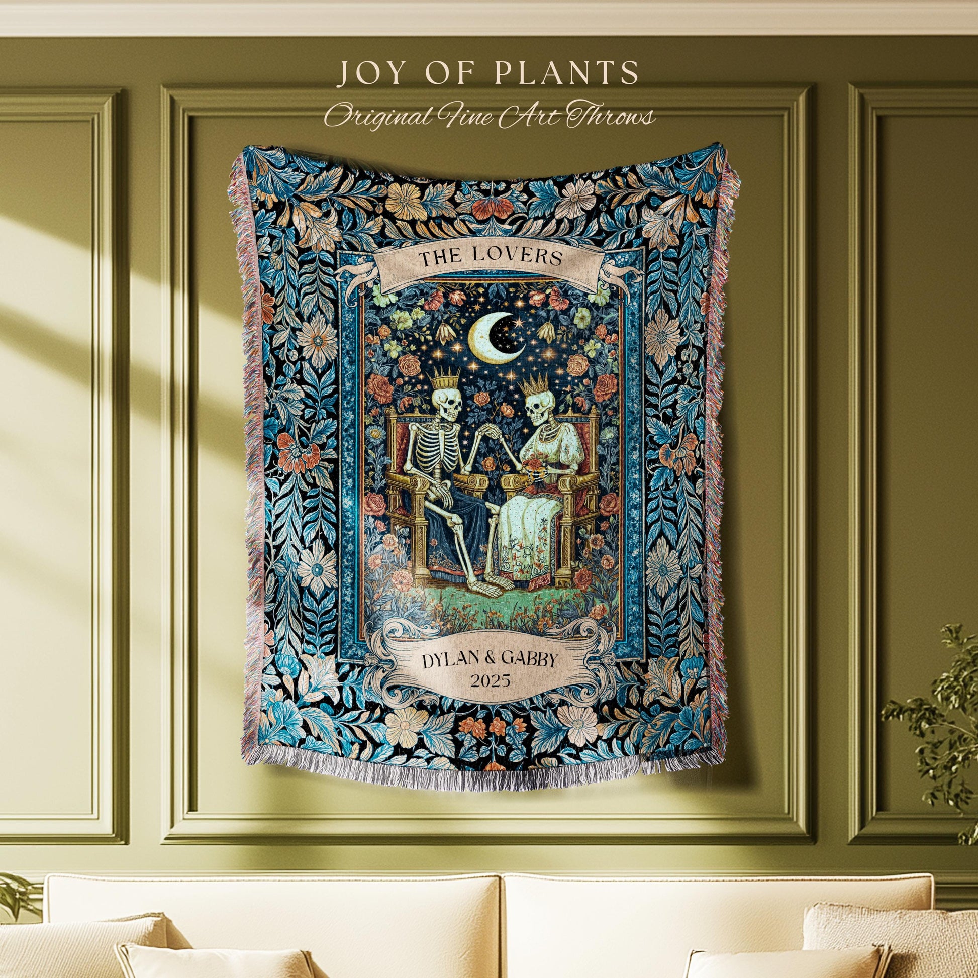 Moonlit Skeleton Lovers Throw Blanket | Whimsigoth Personalized Gothic Romance Celestial Aesthetic Gift Cozy Custom Names Anniversary Floral