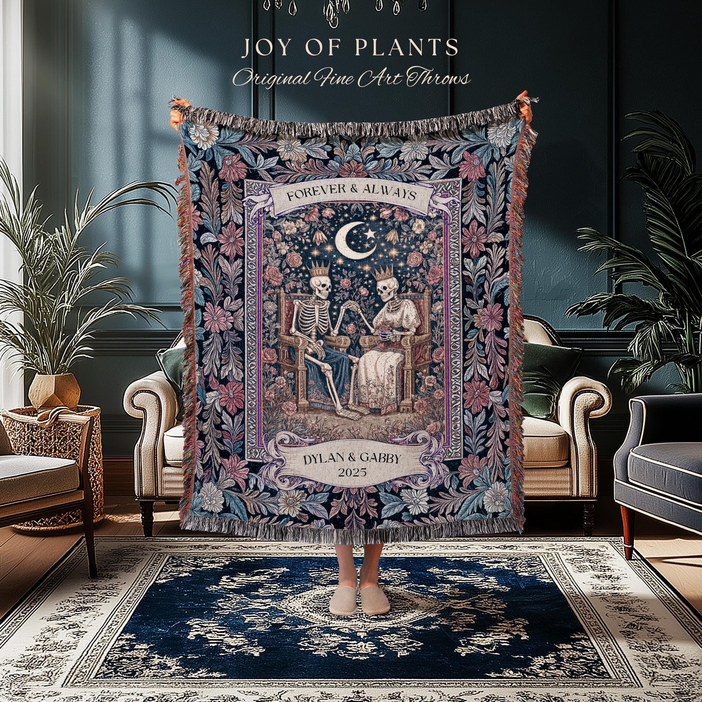 Spooky King & Queen Custom Skeleton Blanket | Witchy Wedding Personalized Names Goth Throne Baroque Gift Whimsigoth Aesthetic Purple Florals