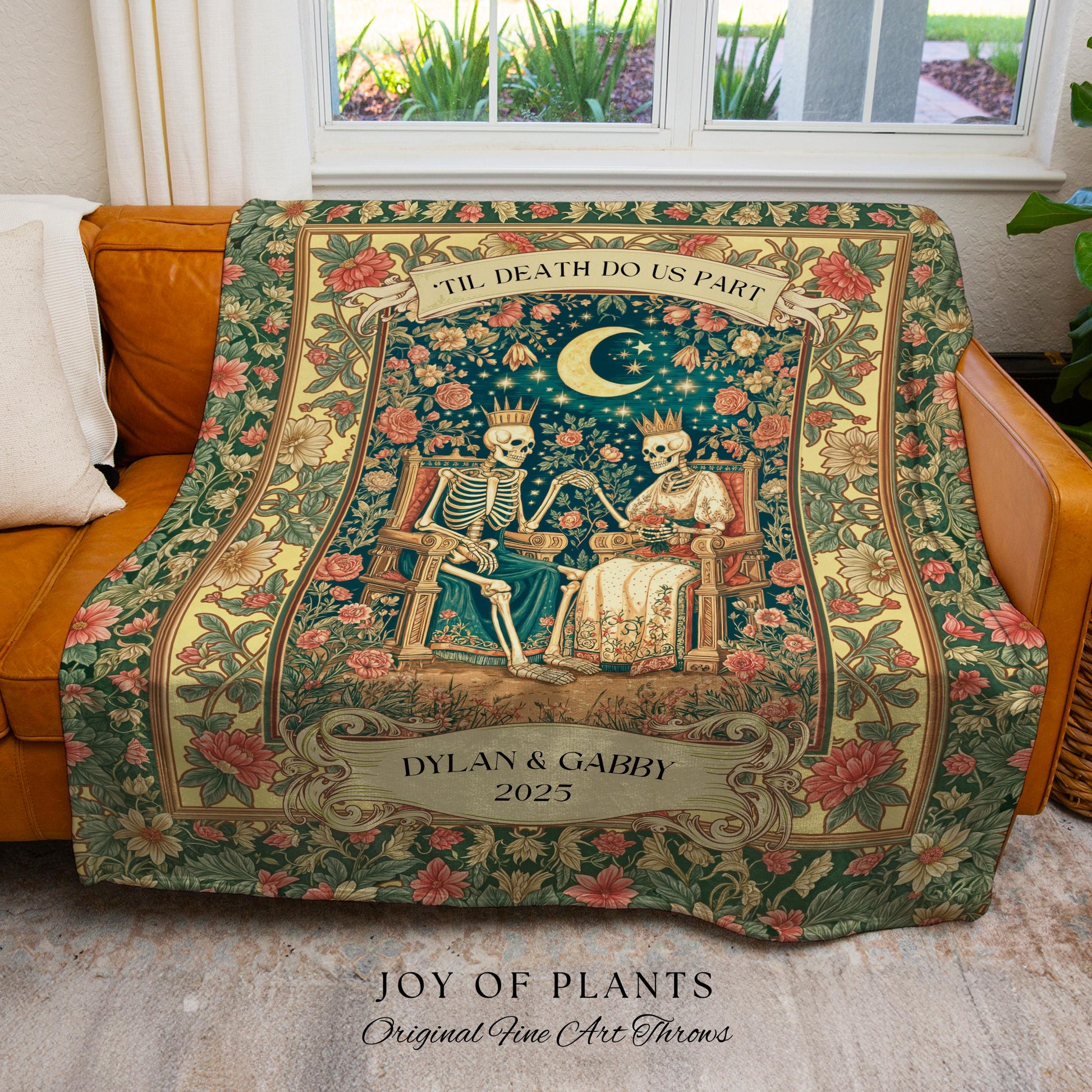 Enchanted Lovers Anniversary Blanket | Custom Gothic Woven Throw Personalized Romantic Wedding Anniversary Gift Cozy Floral Skeleton Couple