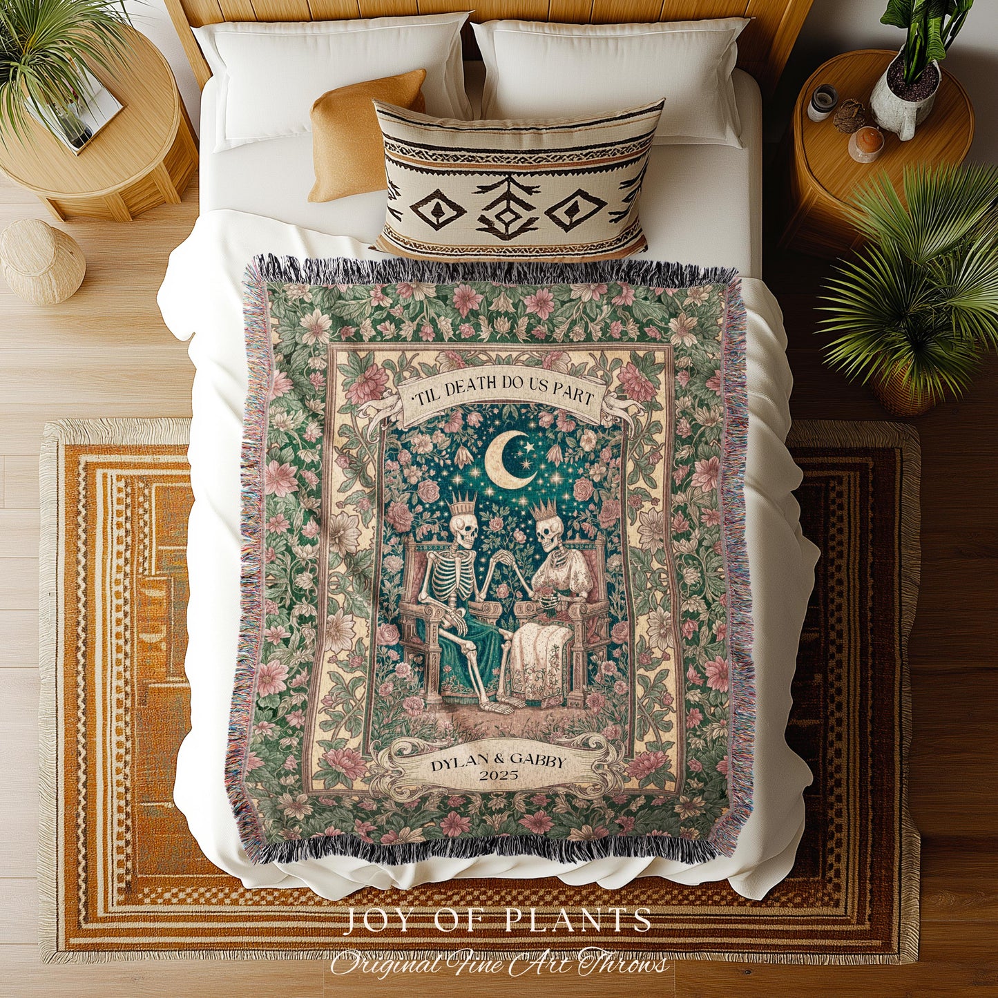 Enchanted Lovers Anniversary Blanket | Custom Gothic Woven Throw Personalized Romantic Wedding Anniversary Gift Cozy Floral Skeleton Couple