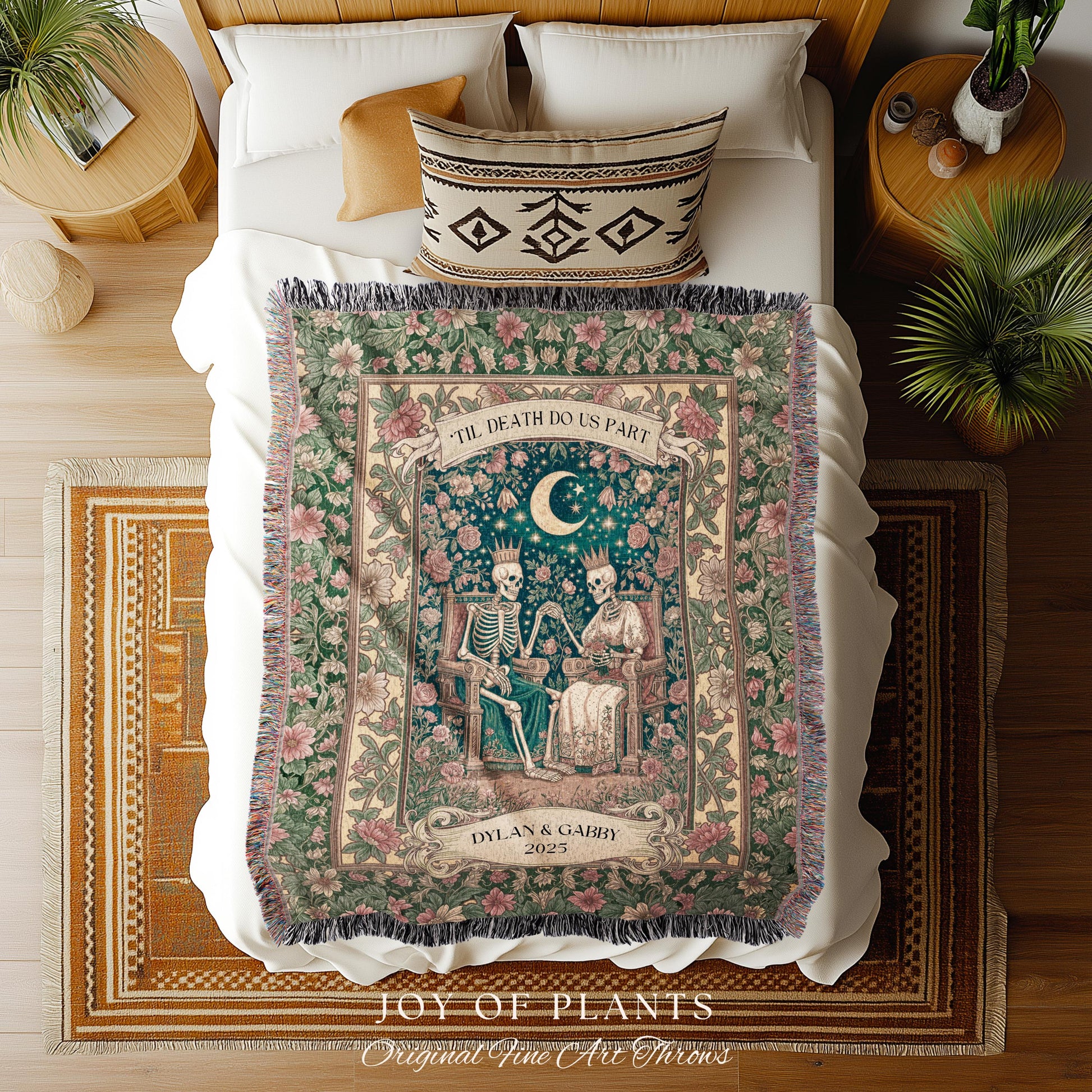 Enchanted Lovers Anniversary Blanket | Custom Gothic Woven Throw Personalized Romantic Wedding Anniversary Gift Cozy Floral Skeleton Couple
