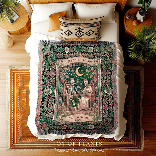 Personalized Skeleton Couple Throw | Custom Gothic Lovers Whimsigoth Baroque Decor Botanical Aesthetic Gift Victorian Romance Woven Tapestry