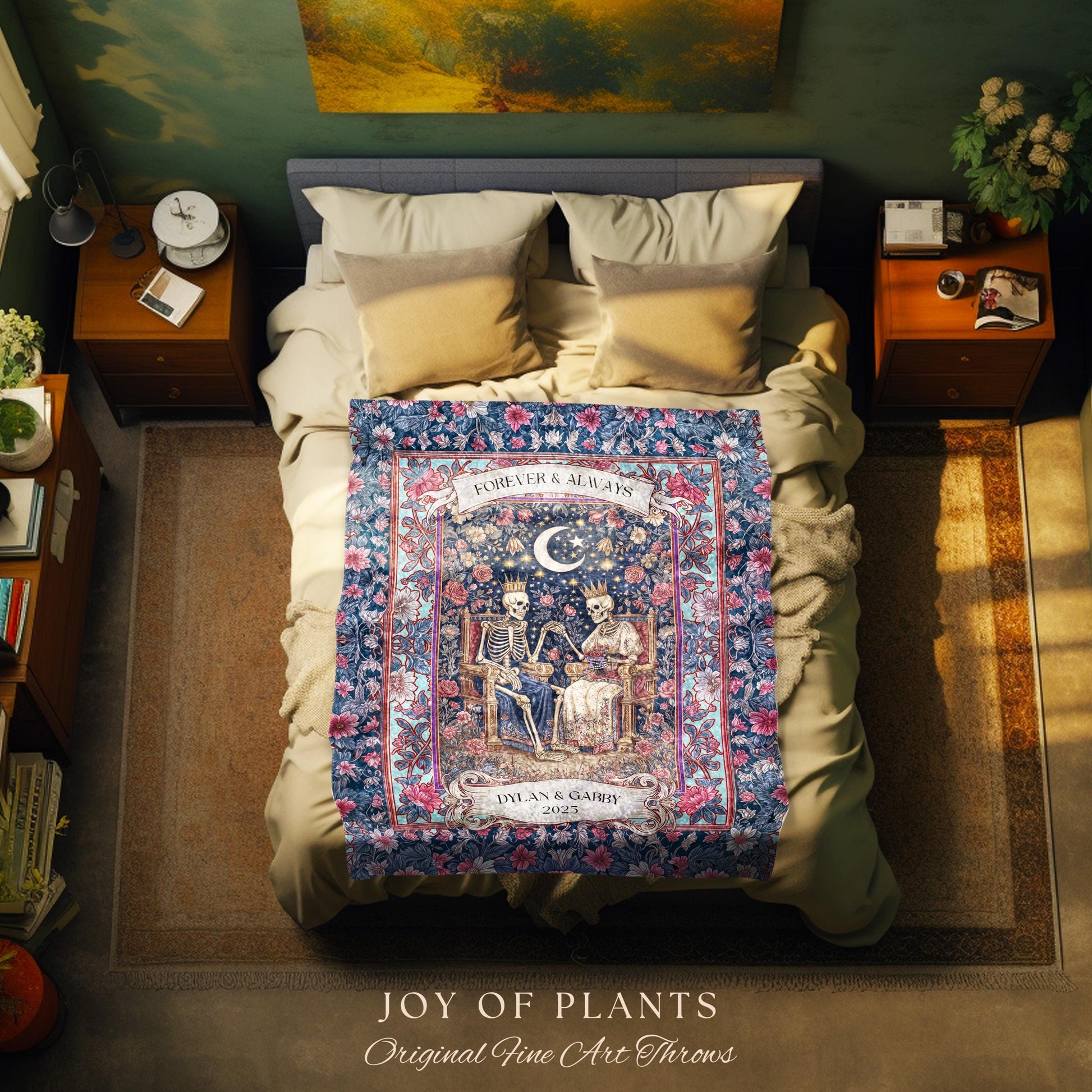 Cosmic Pastel Custom Skeleton Blanket | Gothic Engagement Throw Personalized Wedding Gift Whimsigoth Floral Baroque Couple Anniversary Cute