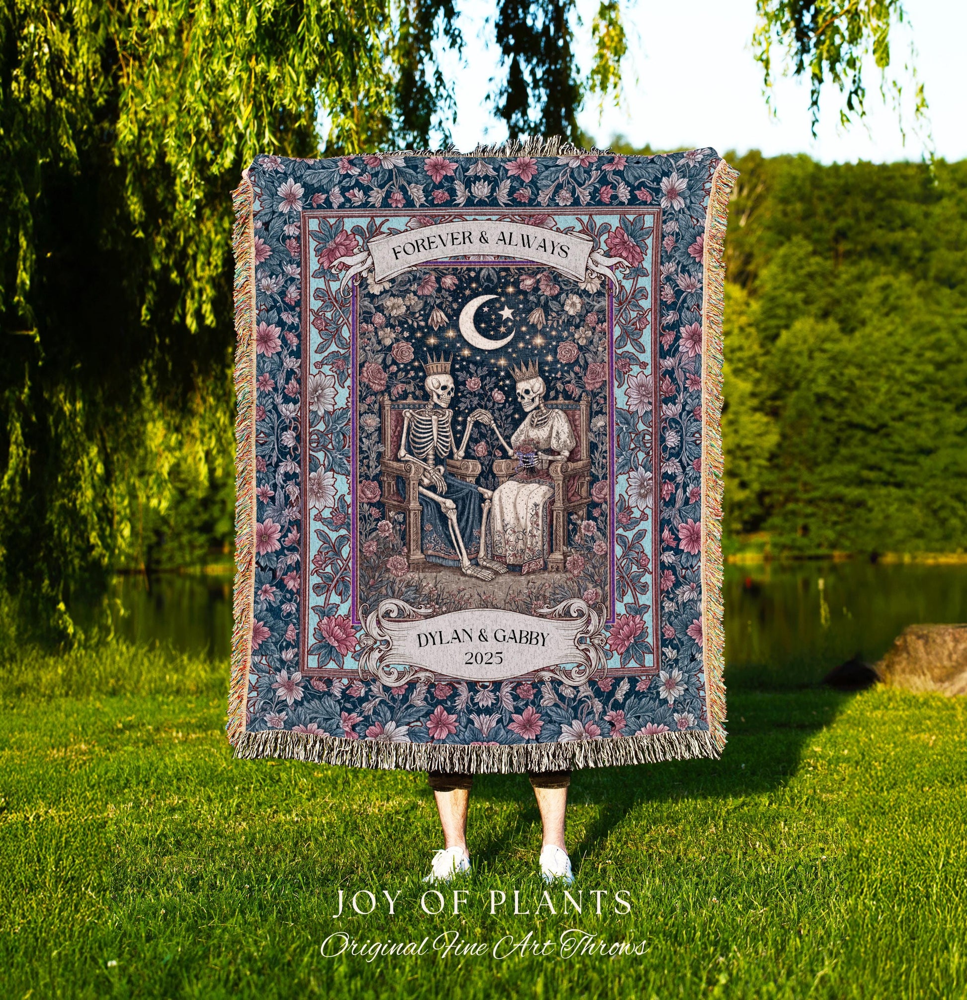 Cosmic Pastel Custom Skeleton Blanket | Gothic Engagement Throw Personalized Wedding Gift Whimsigoth Floral Baroque Couple Anniversary Cute