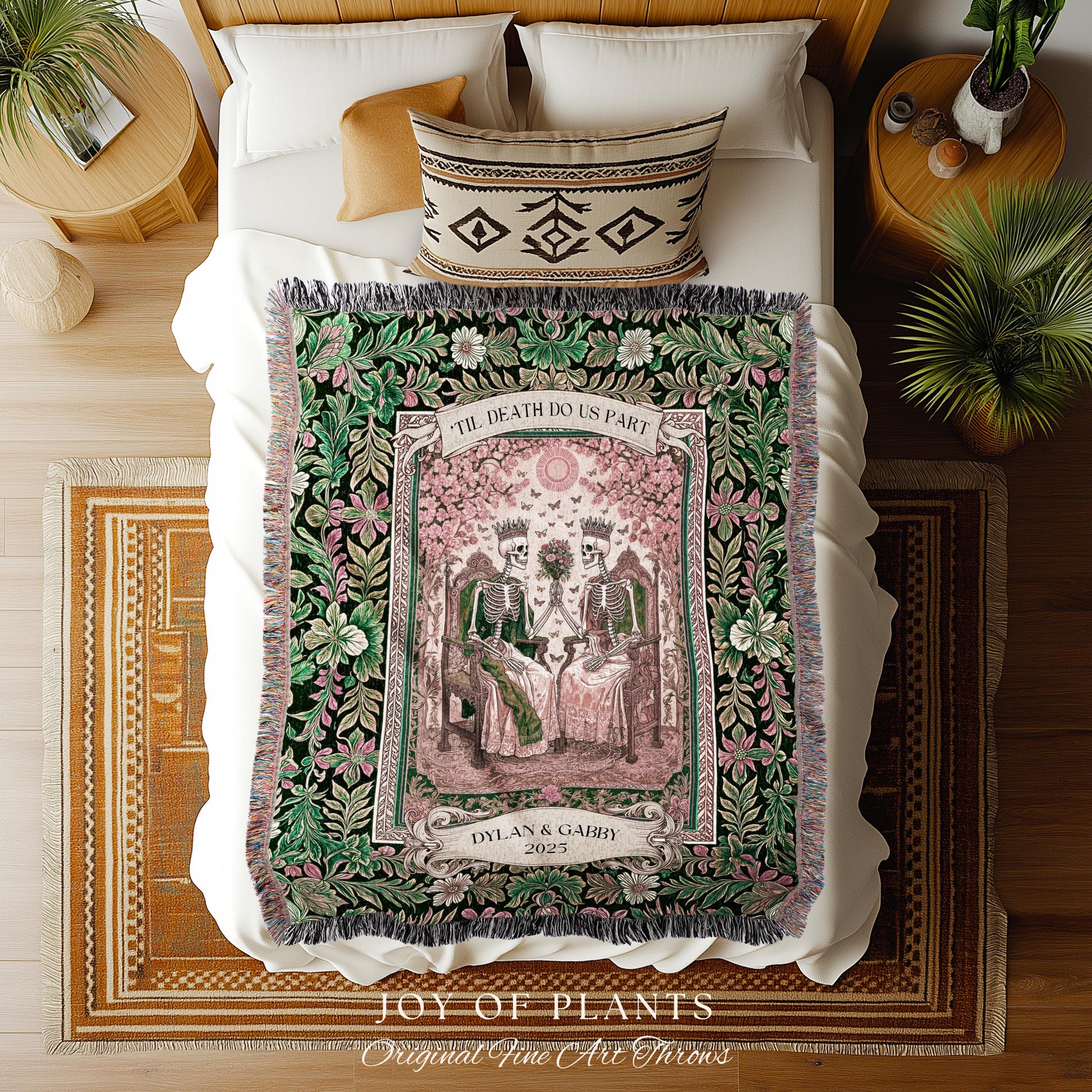 Pastel Botanical Skeleton Lovers Throw | Personalized Anniversary Blanket Custom Gift for Husband and Wife Sentimental Goth Couple Tapestry