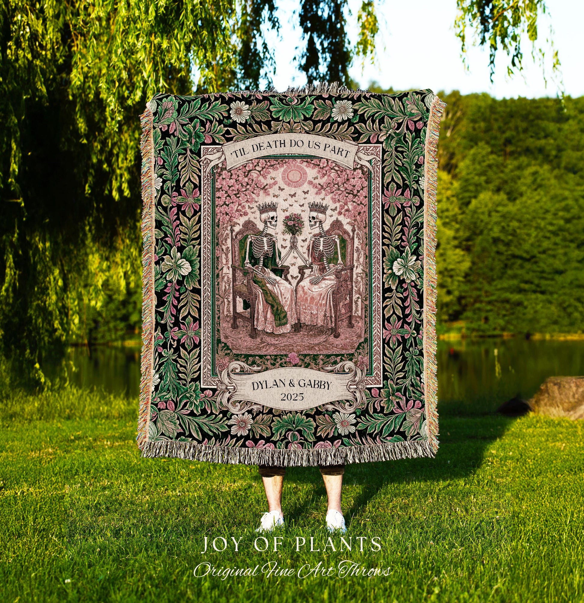 Pastel Botanical Skeleton Lovers Throw | Personalized Anniversary Blanket Custom Gift for Husband and Wife Sentimental Goth Couple Tapestry