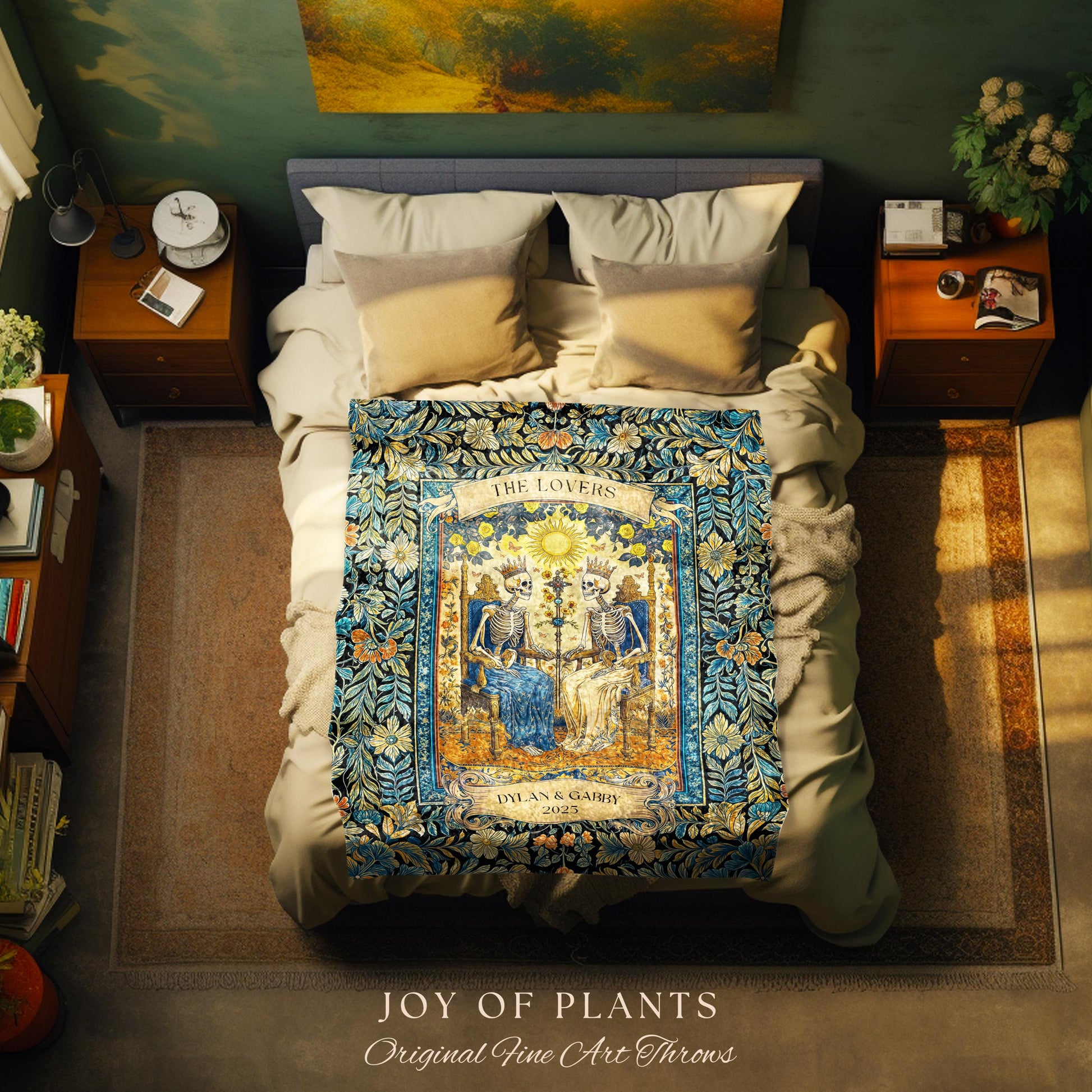 The Lovers Custom Skeleton Couple Blanket | Personalized Anniversary Gift Custom Gothic Throw for Couple Romantic Woven Tapestry with Names