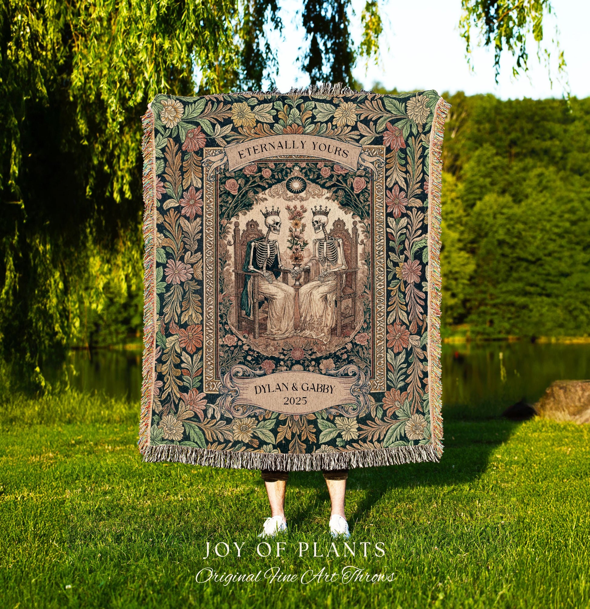 Whimsical Skeleton Lovers Woven Tapestry | Personalized Couple Name Tapestry Custom Gothic Wedding Keepsake for Partner Floral Til Death |