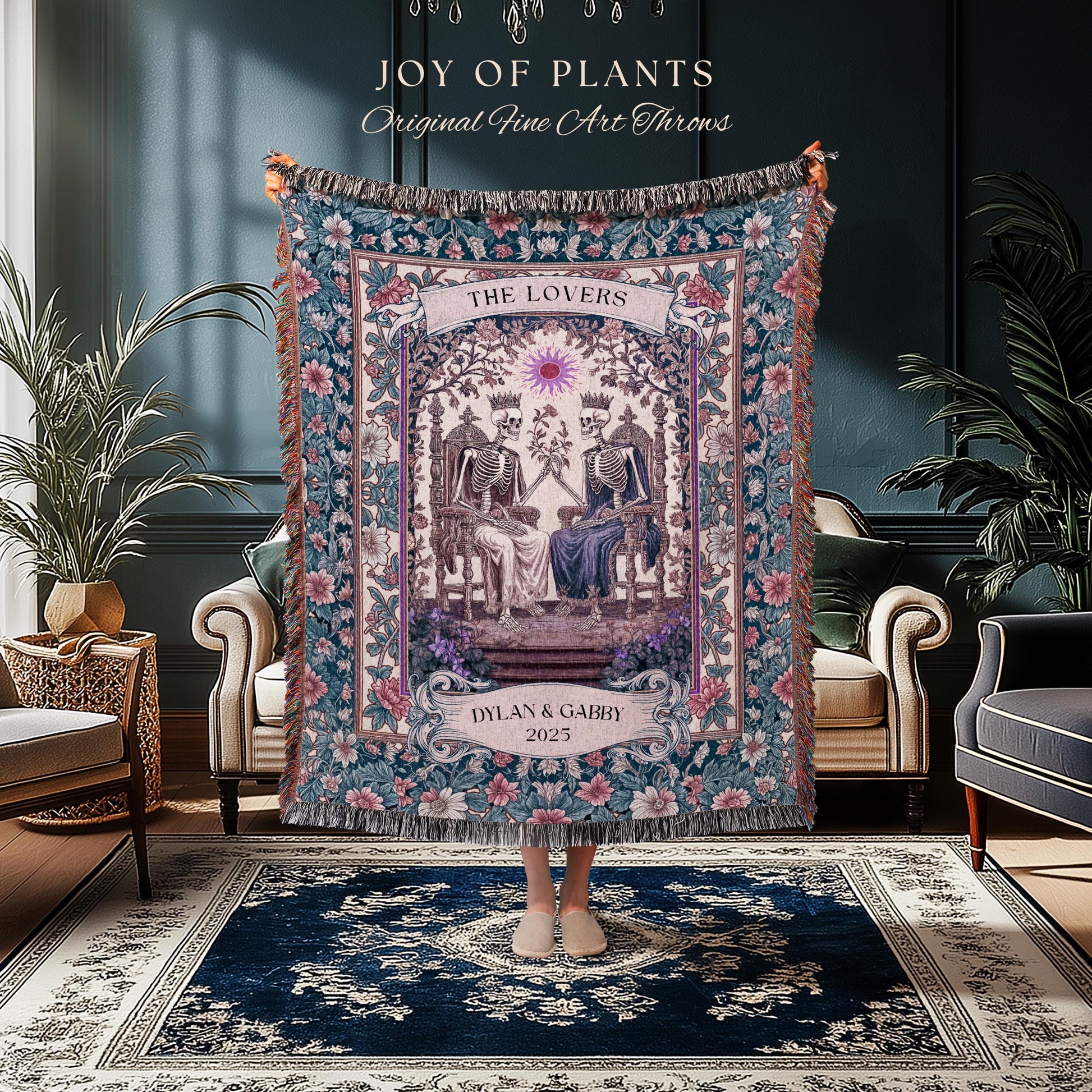 Rustic Pastel Floral Couple Blanket Custom | Witchy Personalized Skeleton Lovers Sentimental Wedding Throw Gothic Anniversary Gift Baroque