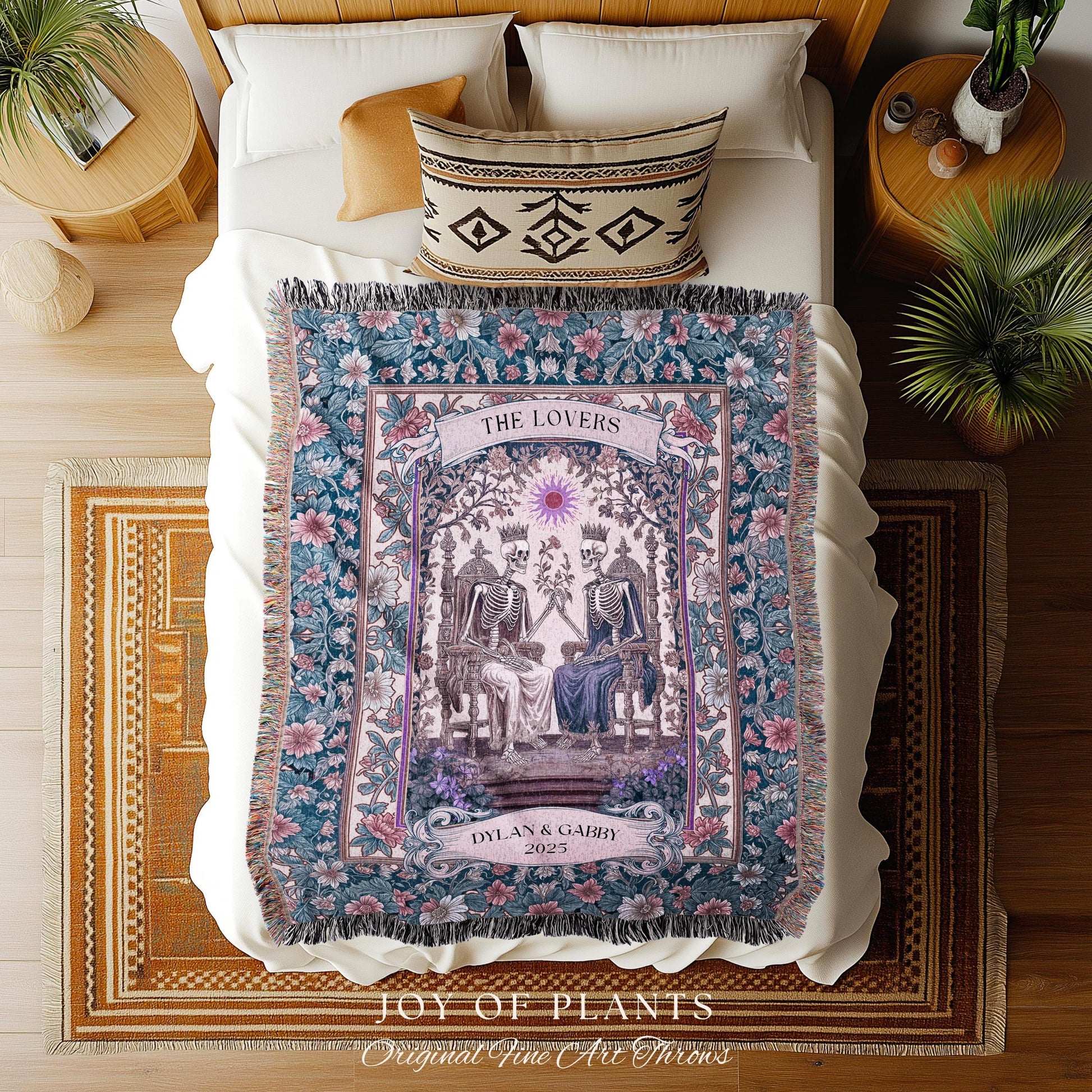 Rustic Pastel Floral Couple Blanket Custom | Witchy Personalized Skeleton Lovers Sentimental Wedding Throw Gothic Anniversary Gift Baroque