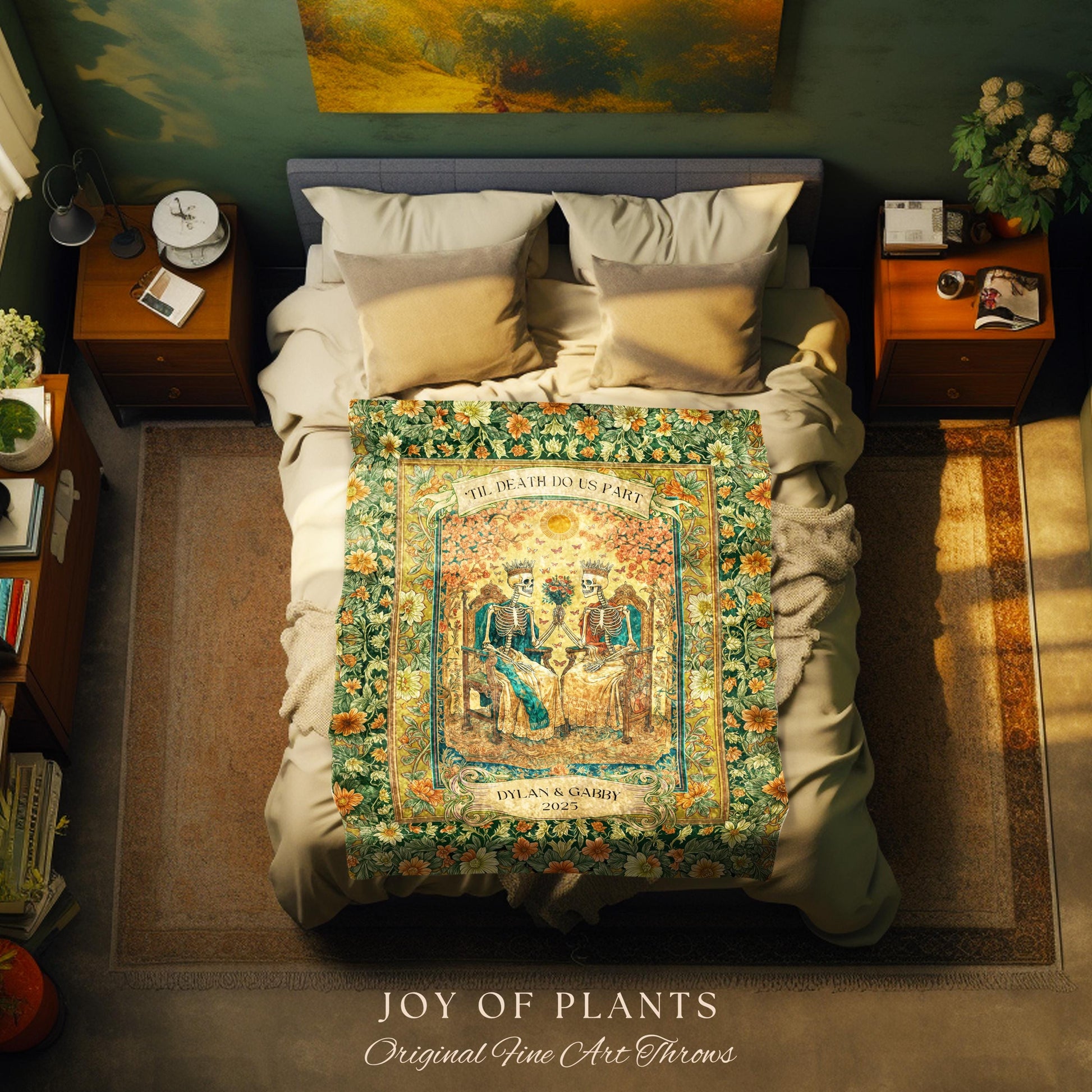 Mystic Lovers Skeleton Custom Blanket | Personalized Names Witchy Couple Throw Gothic Wedding Gift Baroque Floral Tapestry Cozy Anniversary