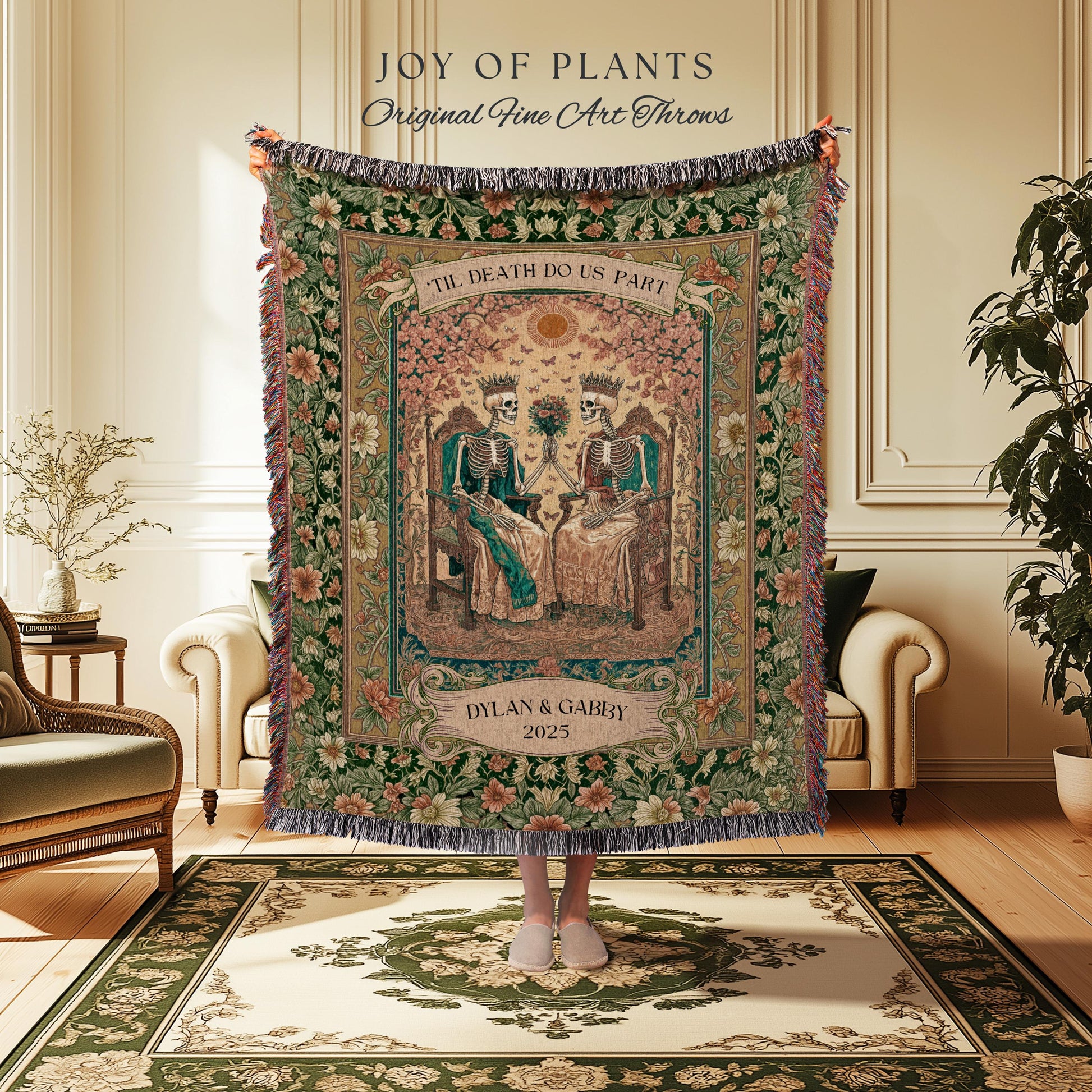 Mystic Lovers Skeleton Custom Blanket | Personalized Names Witchy Couple Throw Gothic Wedding Gift Baroque Floral Tapestry Cozy Anniversary