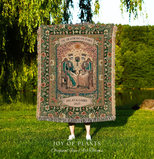 Mystic Lovers Skeleton Custom Blanket | Personalized Names Witchy Couple Throw Gothic Wedding Gift Baroque Floral Tapestry Cozy Anniversary