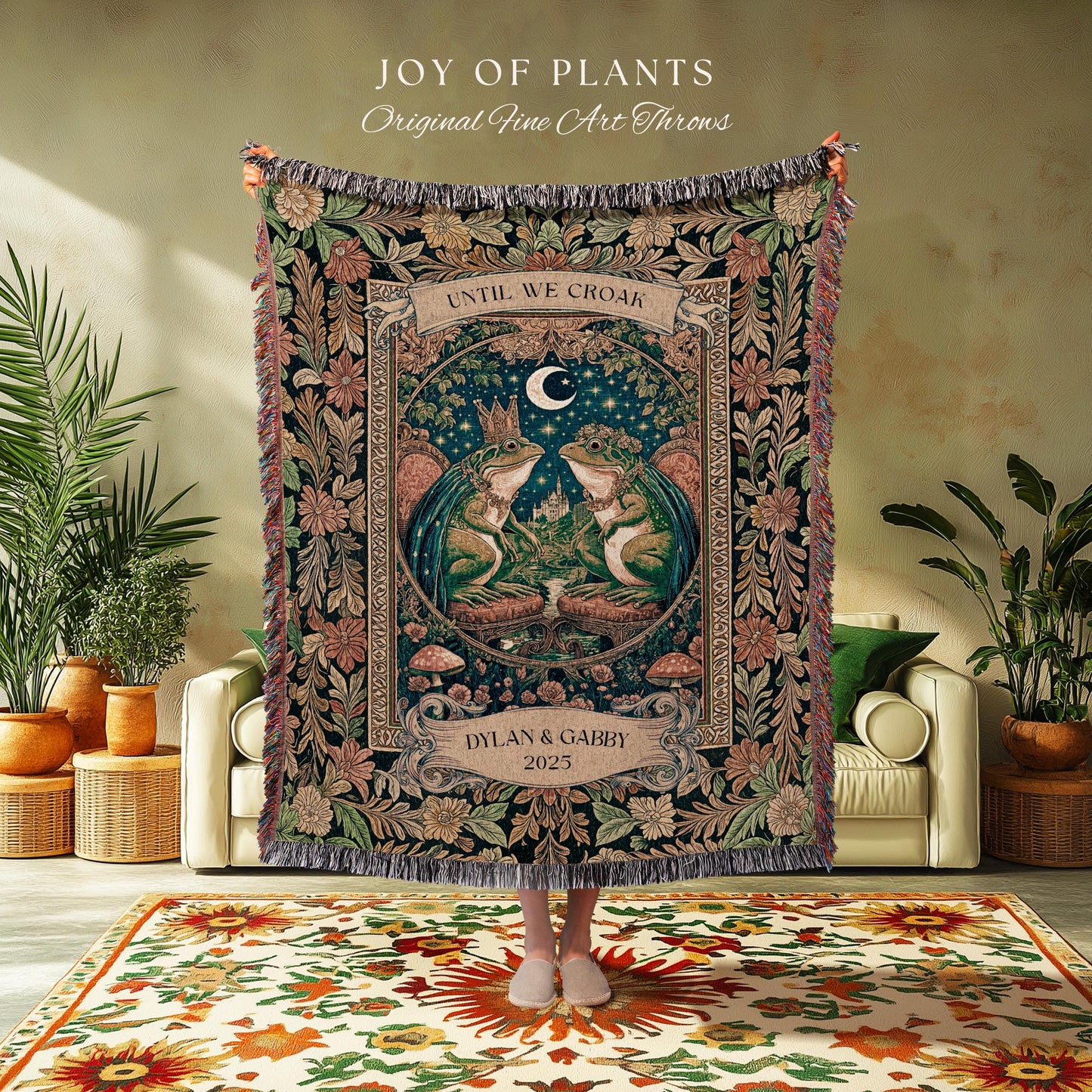 Toad Lovers Celestial Blanket Personalized | Cottagecore Frog Couple Anniversary Custom Names Woven Throw Gift for Partner Romantic Witchy