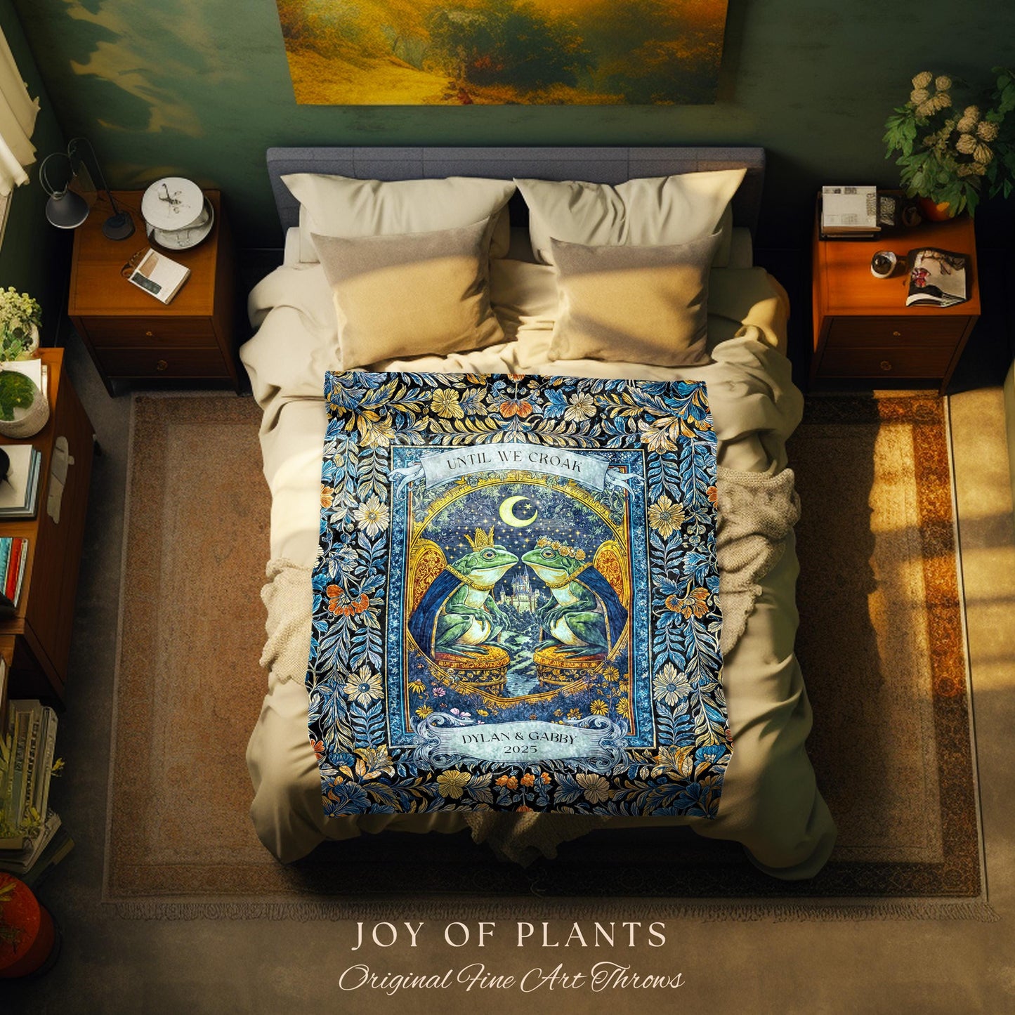 Celestial Frog Couple Custom Blanket | Starry Night Woven Throw Personalized Anniversary Toad Lovers Tapestry Cottagecore Gift Moody Florals