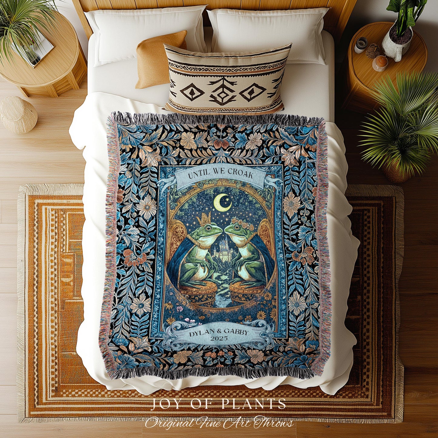 Celestial Frog Couple Custom Blanket | Starry Night Woven Throw Personalized Anniversary Toad Lovers Tapestry Cottagecore Gift Moody Florals