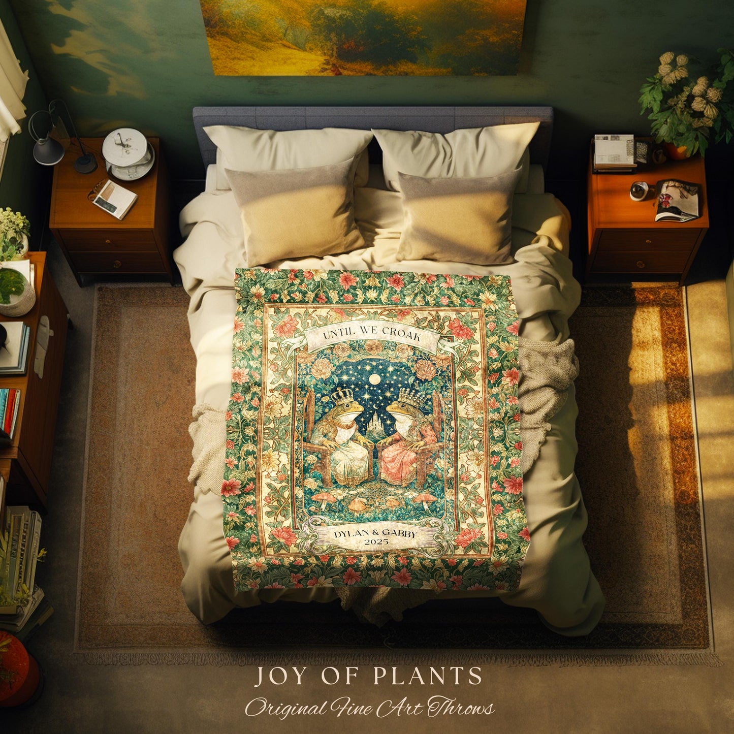 Woodland Frog Lovers Custom Blanket | Royal Toad Couple Throw Personalized Anniversary Gift Pastel Cottagecore Tapestry Whimsical Cute Style