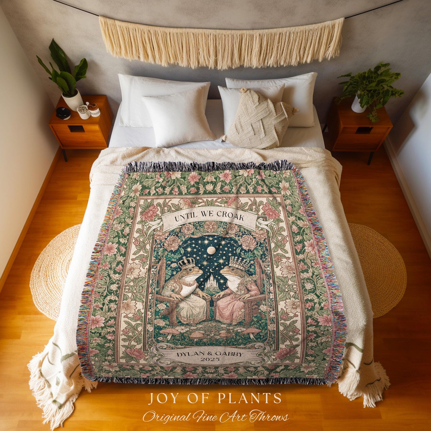 Woodland Frog Lovers Custom Blanket | Royal Toad Couple Throw Personalized Anniversary Gift Pastel Cottagecore Tapestry Whimsical Cute Style