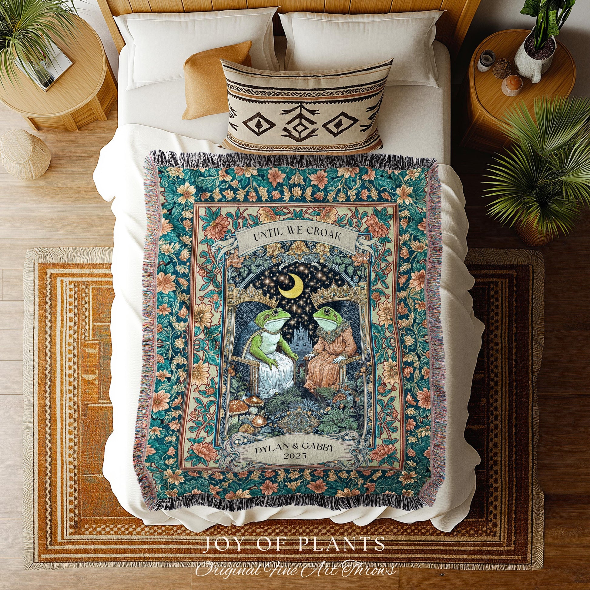 Moonlit Royal Frog Lovers Cozy Blanket | Crowned Toad Couple Woven Throw Custom Anniversary Tapestry Personalized Dating Gift for Partner |