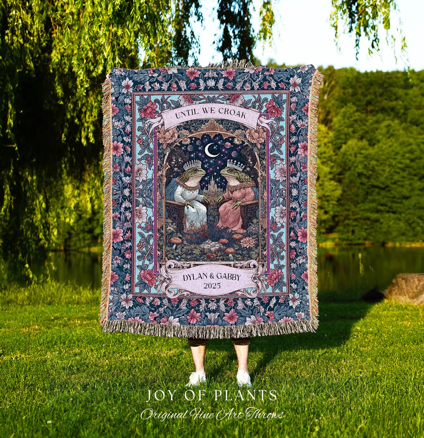 Folklore Frog Lovers Personalized Blanket | Pastel Wedding Gift Woven Throw Custom Name Tapestry Woodland Toad Couple Gift for Girlfriend |