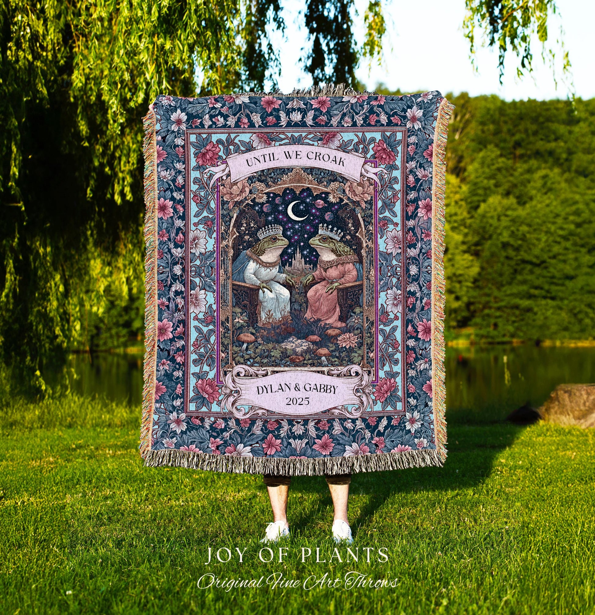 Folklore Frog Lovers Personalized Blanket | Pastel Wedding Gift Woven Throw Custom Name Tapestry Woodland Toad Couple Gift for Girlfriend |