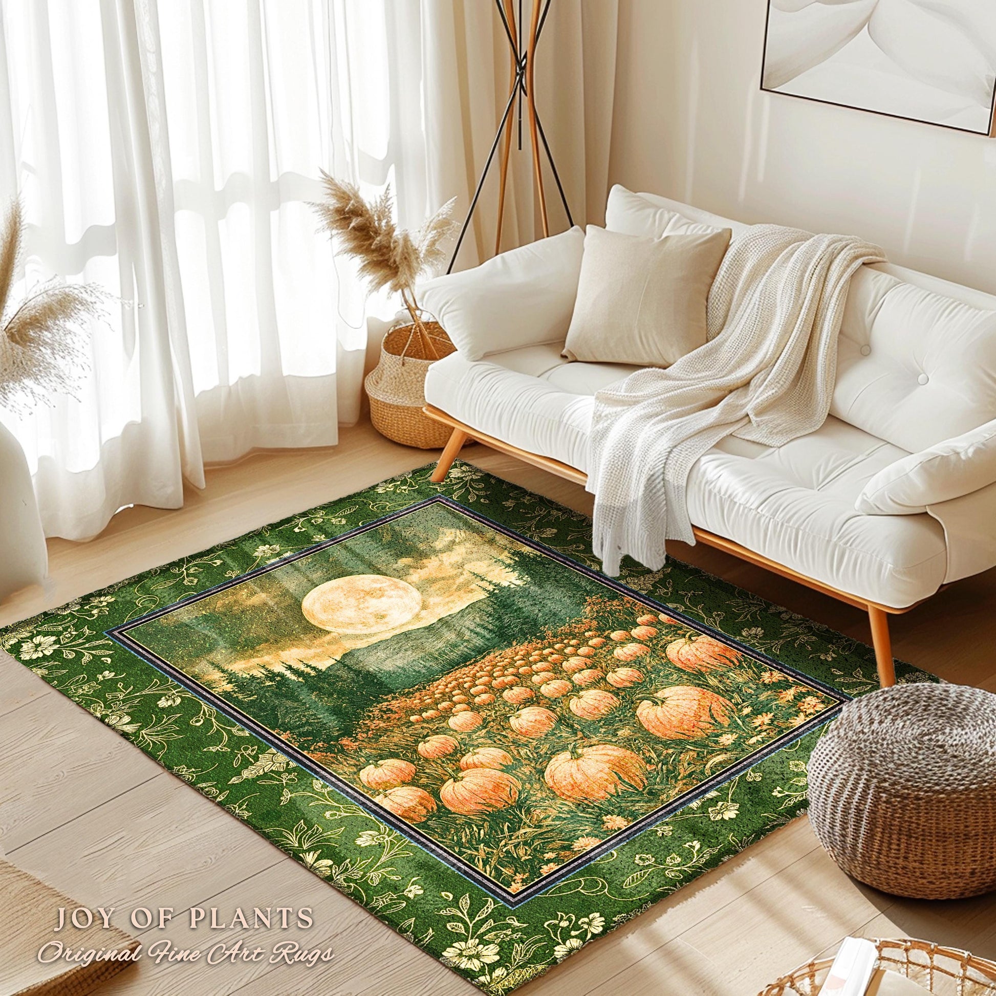 Sage Green Full Moon Area Rug | Rustic Pumpkin Home Decor Whimsigothic Aesthetic Rustic Fall Accent Halloween Trees Light Academia Bedroom