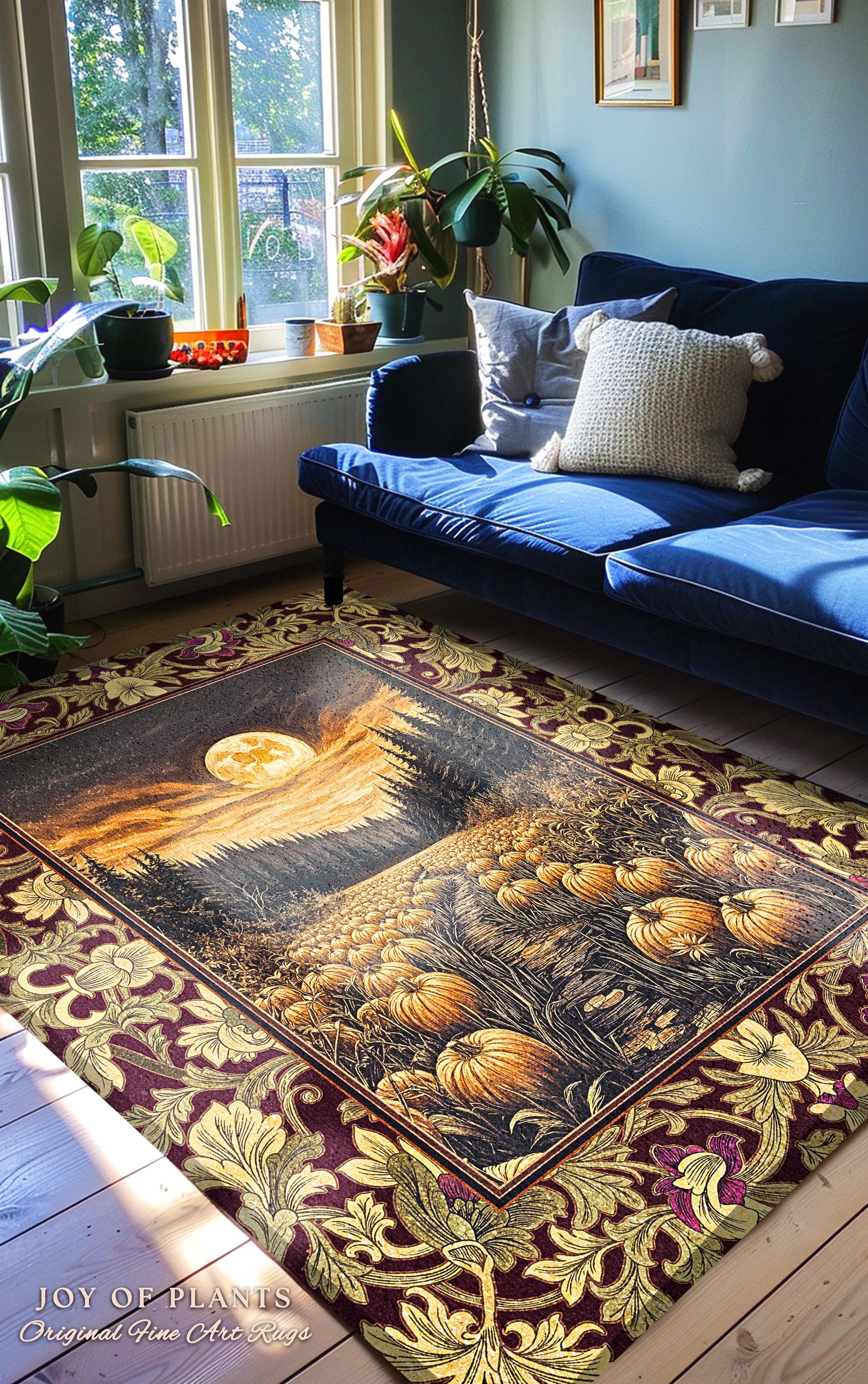 Autumn Night Sky Rustic Fall Rug | Cozy Spooky Pumpkin Vibes Midnight Landscape Decor Whimsigoth Aesthetics Dark Academia Accent Rug Witchy