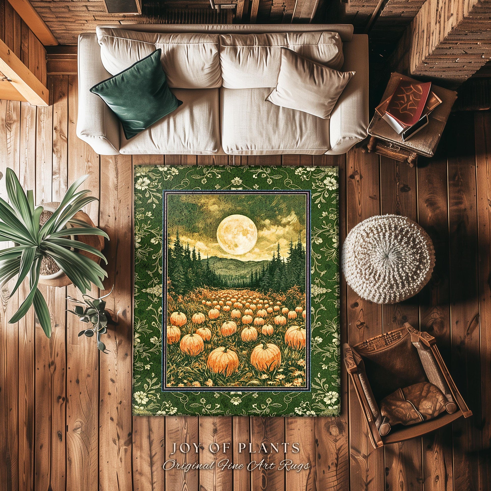 Sage Green Full Moon Area Rug | Rustic Pumpkin Home Decor Whimsigothic Aesthetic Rustic Fall Accent Halloween Trees Light Academia Bedroom