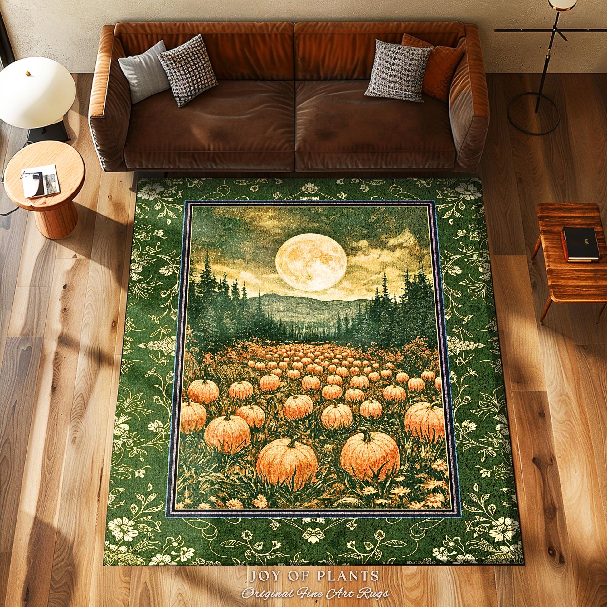 Sage Green Full Moon Area Rug | Rustic Pumpkin Home Decor Whimsigothic Aesthetic Rustic Fall Accent Halloween Trees Light Academia Bedroom