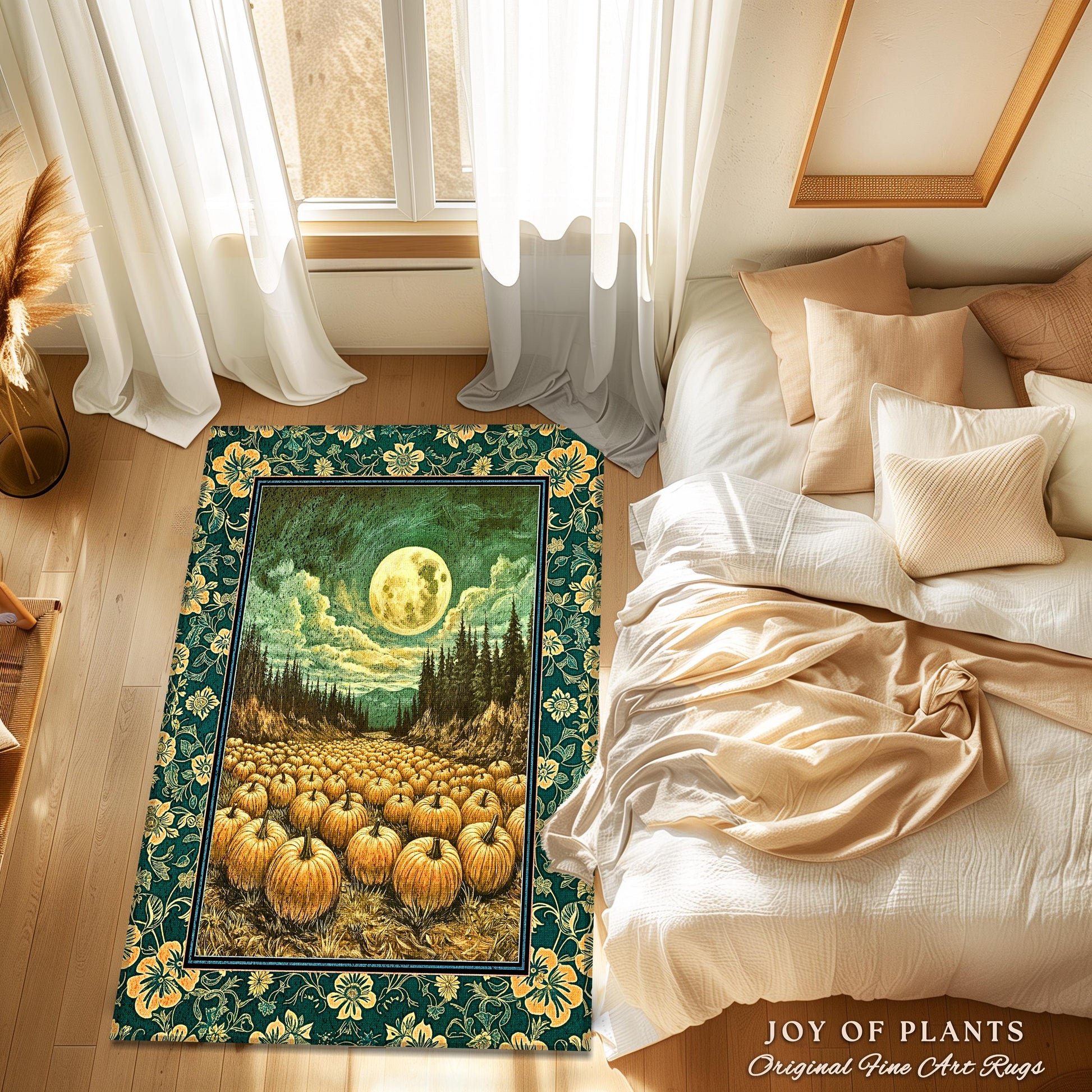 Rustic Full Moon Fall Accent Rug | Whimsigoth Forest Autumn Vibes Cozy Pumpkin Decor Gothic Academia Aesthetic Halloween Bedroom Area Rug |