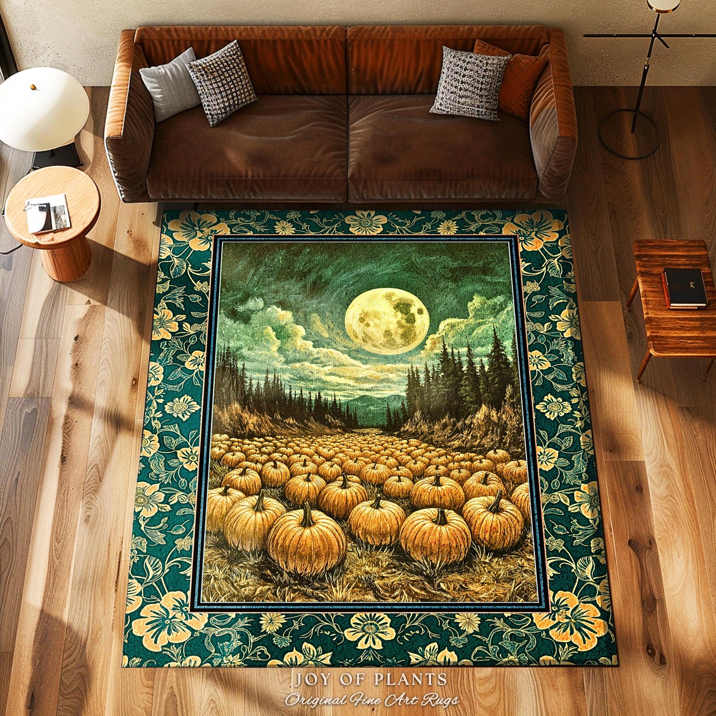 Rustic Full Moon Fall Accent Rug | Whimsigoth Forest Autumn Vibes Cozy Pumpkin Decor Gothic Academia Aesthetic Halloween Bedroom Area Rug |