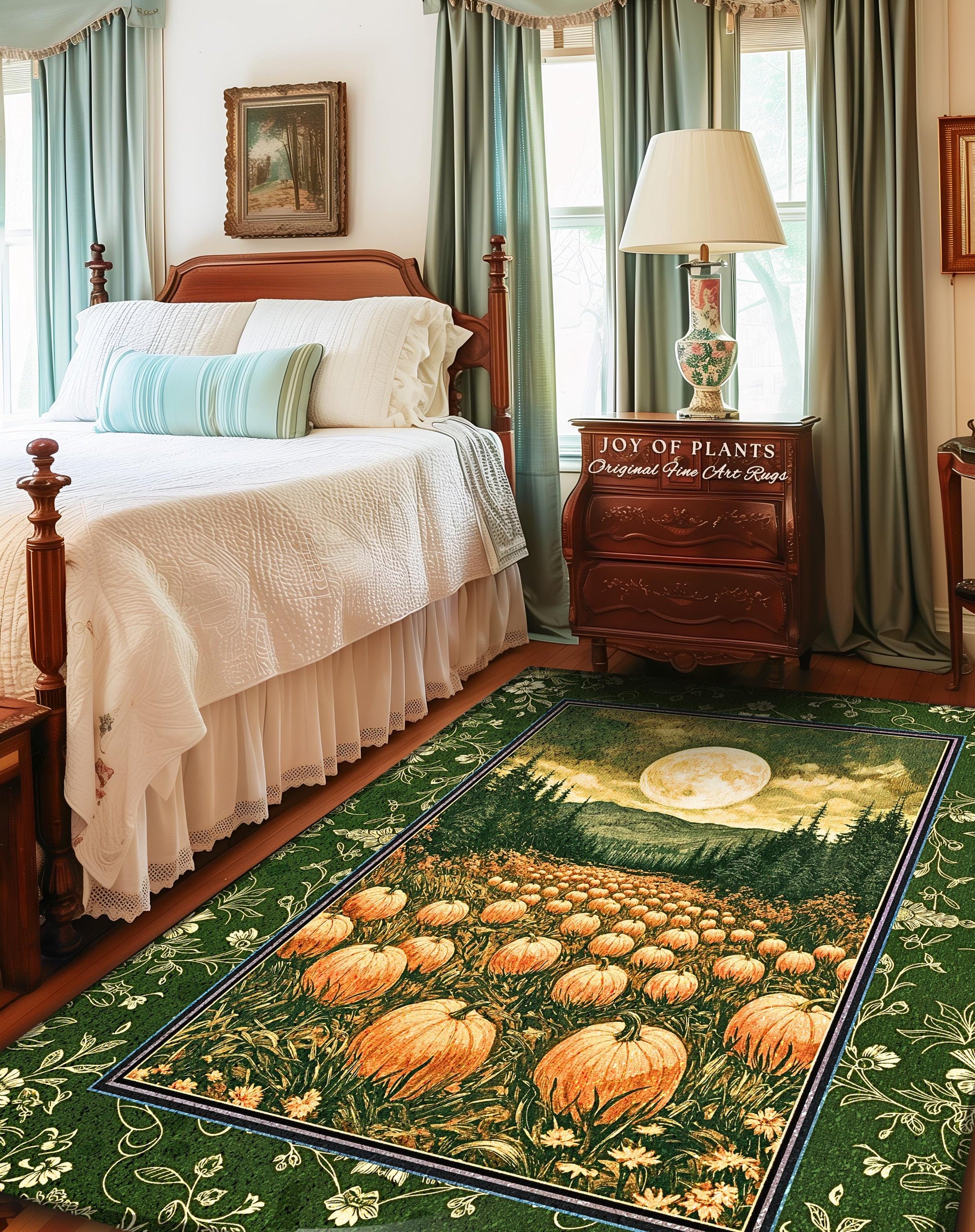 Sage Green Full Moon Area Rug | Rustic Pumpkin Home Decor Whimsigothic Aesthetic Rustic Fall Accent Halloween Trees Light Academia Bedroom