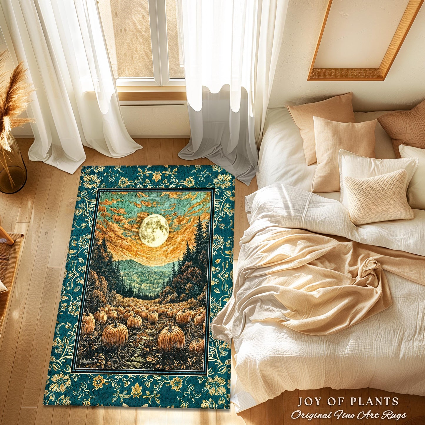 Moody Gothic Halloween Area Rug | Whimsical Fall Pumpkin Decor Full Moon Dark Academia Spooky Throw Rustic Aesthetic Autumn Bedroom Accent