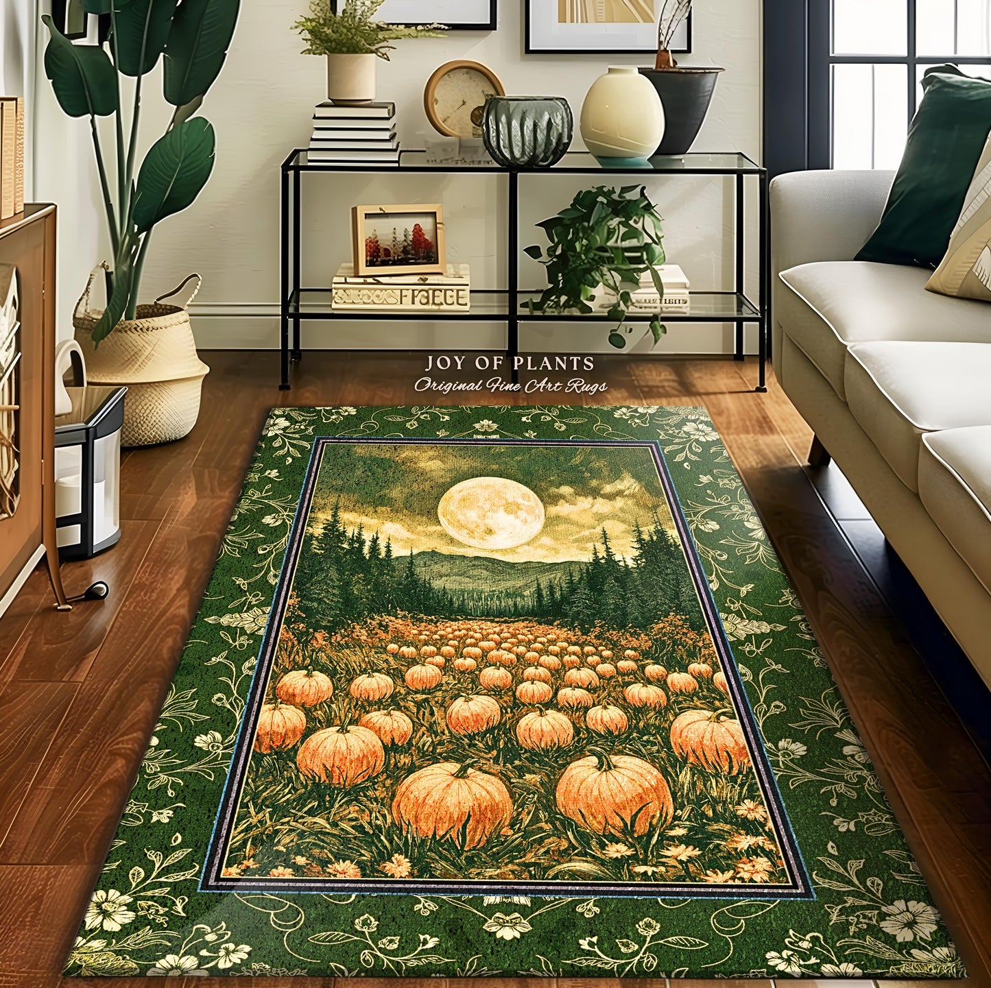 Sage Green Full Moon Area Rug | Rustic Pumpkin Home Decor Whimsigothic Aesthetic Rustic Fall Accent Halloween Trees Light Academia Bedroom