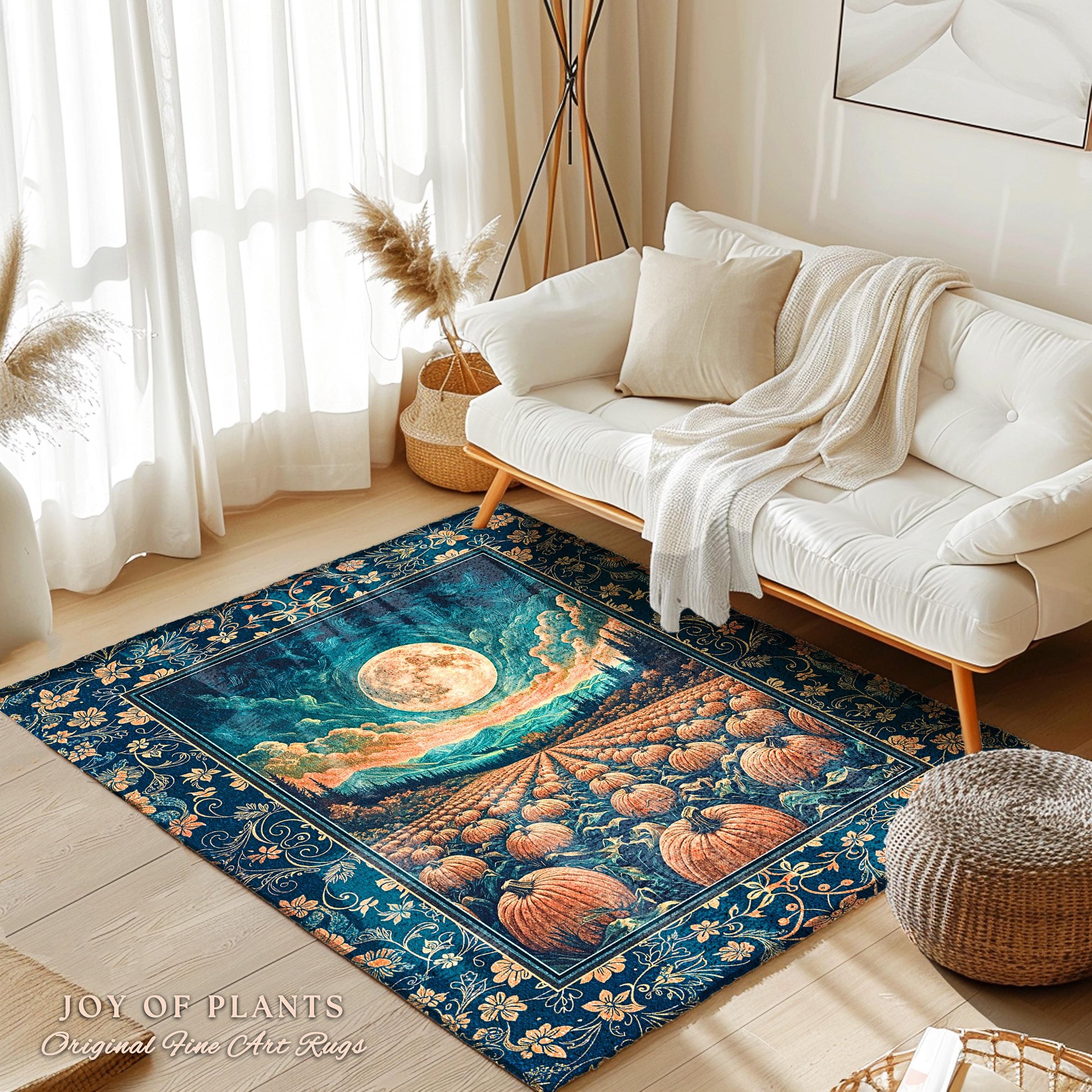 Fall Pumpkin Patch Cozy Bedroom Rug | Whimsical Dark Academia Aesthetic Autumn Accent Rug Rustic Whimsigoth Halloween Aesthetic Witchy Art |