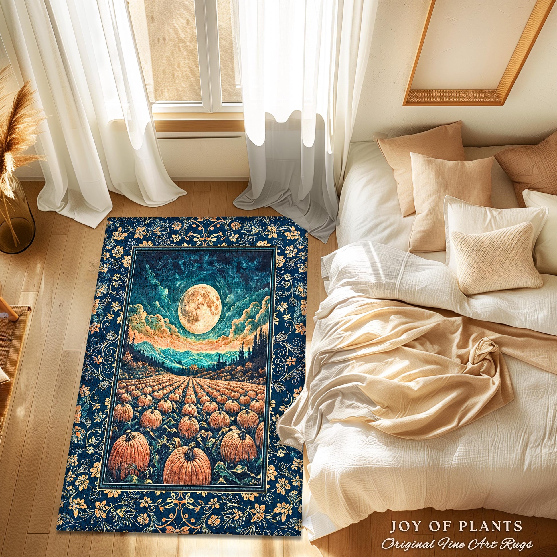Fall Pumpkin Patch Cozy Bedroom Rug | Whimsical Dark Academia Aesthetic Autumn Accent Rug Rustic Whimsigoth Halloween Aesthetic Witchy Art |