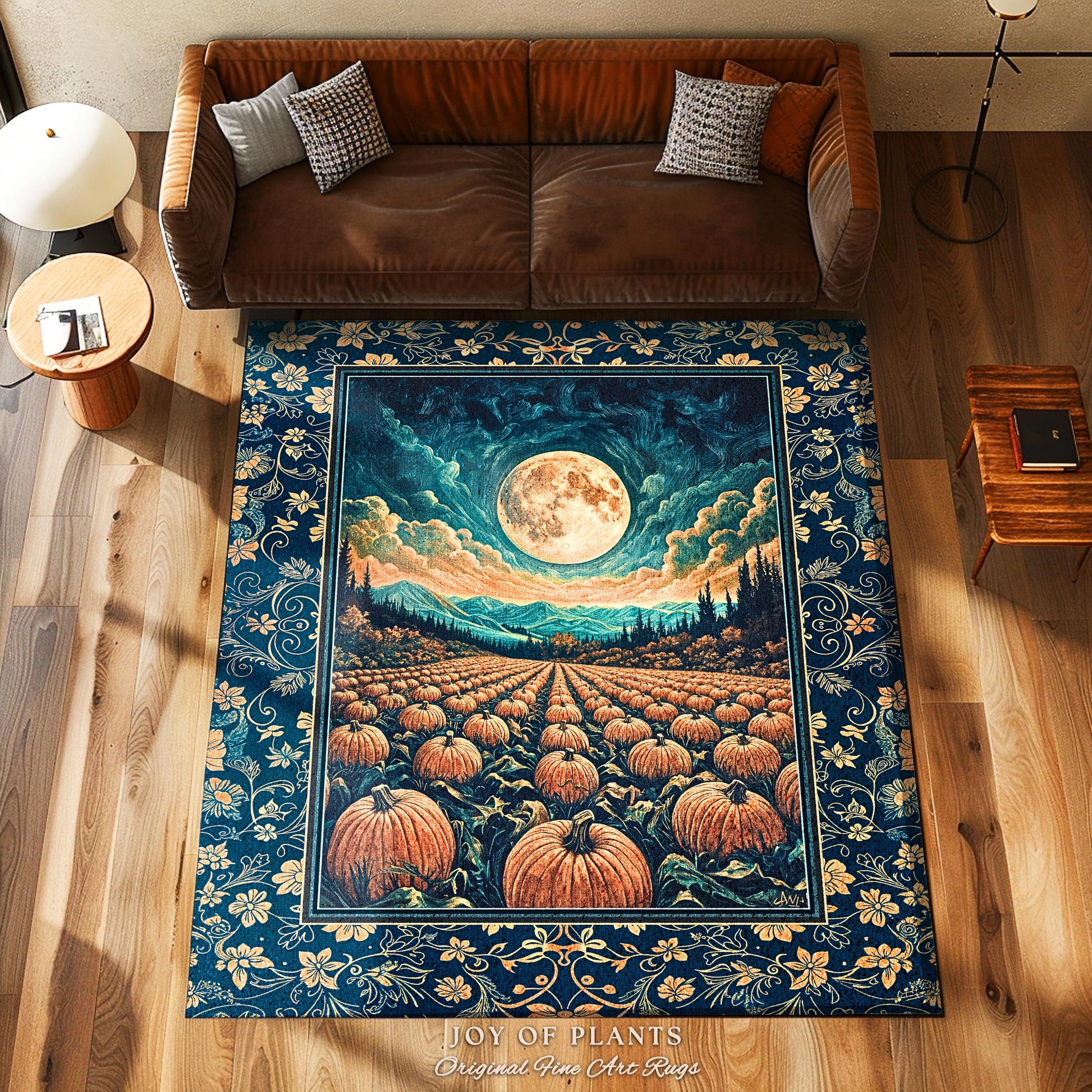 Fall Pumpkin Patch Cozy Bedroom Rug | Whimsical Dark Academia Aesthetic Autumn Accent Rug Rustic Whimsigoth Halloween Aesthetic Witchy Art |