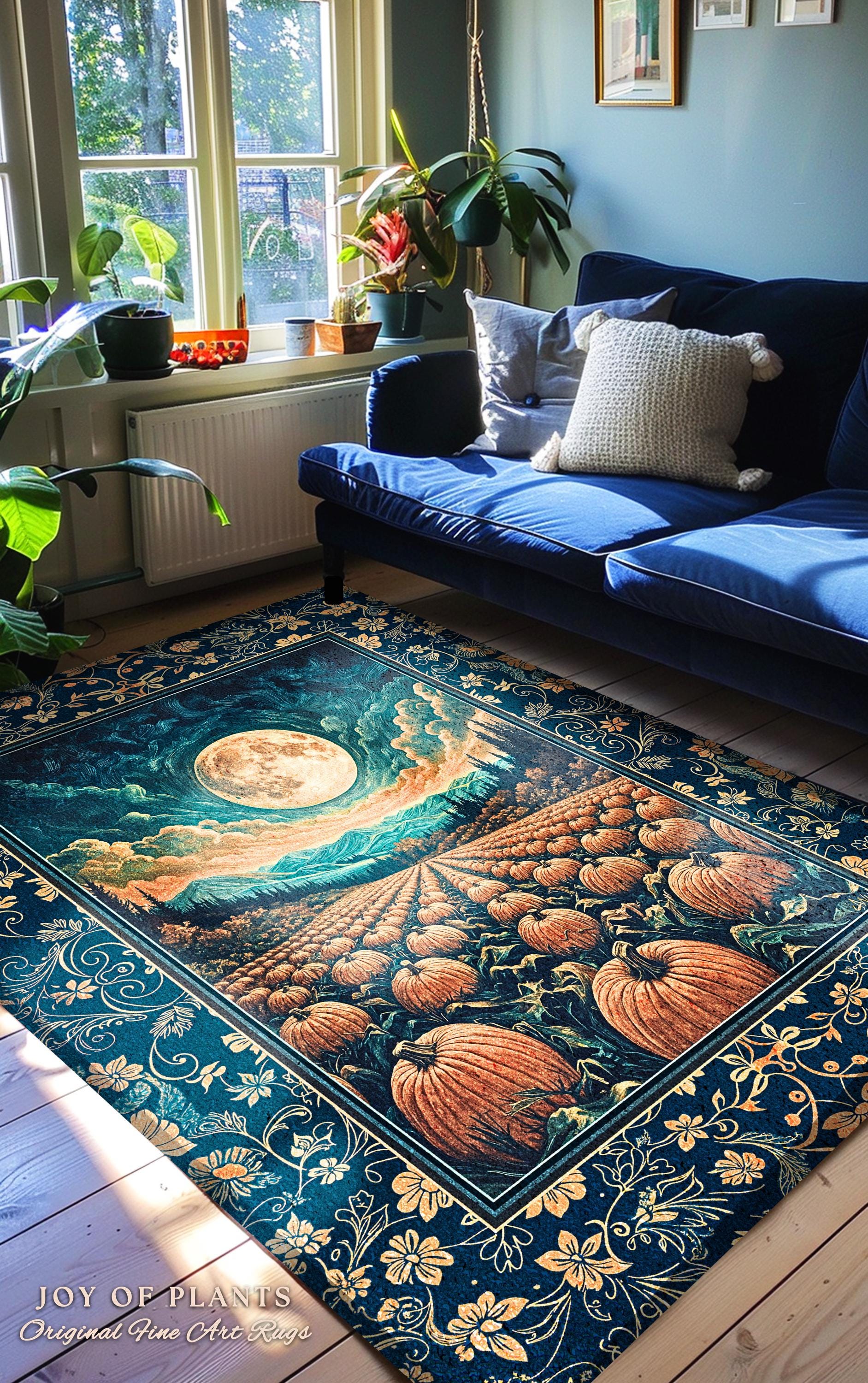 Fall Pumpkin Patch Cozy Bedroom Rug | Whimsical Dark Academia Aesthetic Autumn Accent Rug Rustic Whimsigoth Halloween Aesthetic Witchy Art |