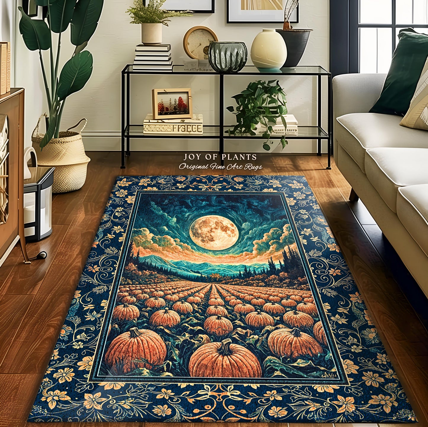 Fall Pumpkin Patch Cozy Bedroom Rug | Whimsical Dark Academia Aesthetic Autumn Accent Rug Rustic Whimsigoth Halloween Aesthetic Witchy Art |