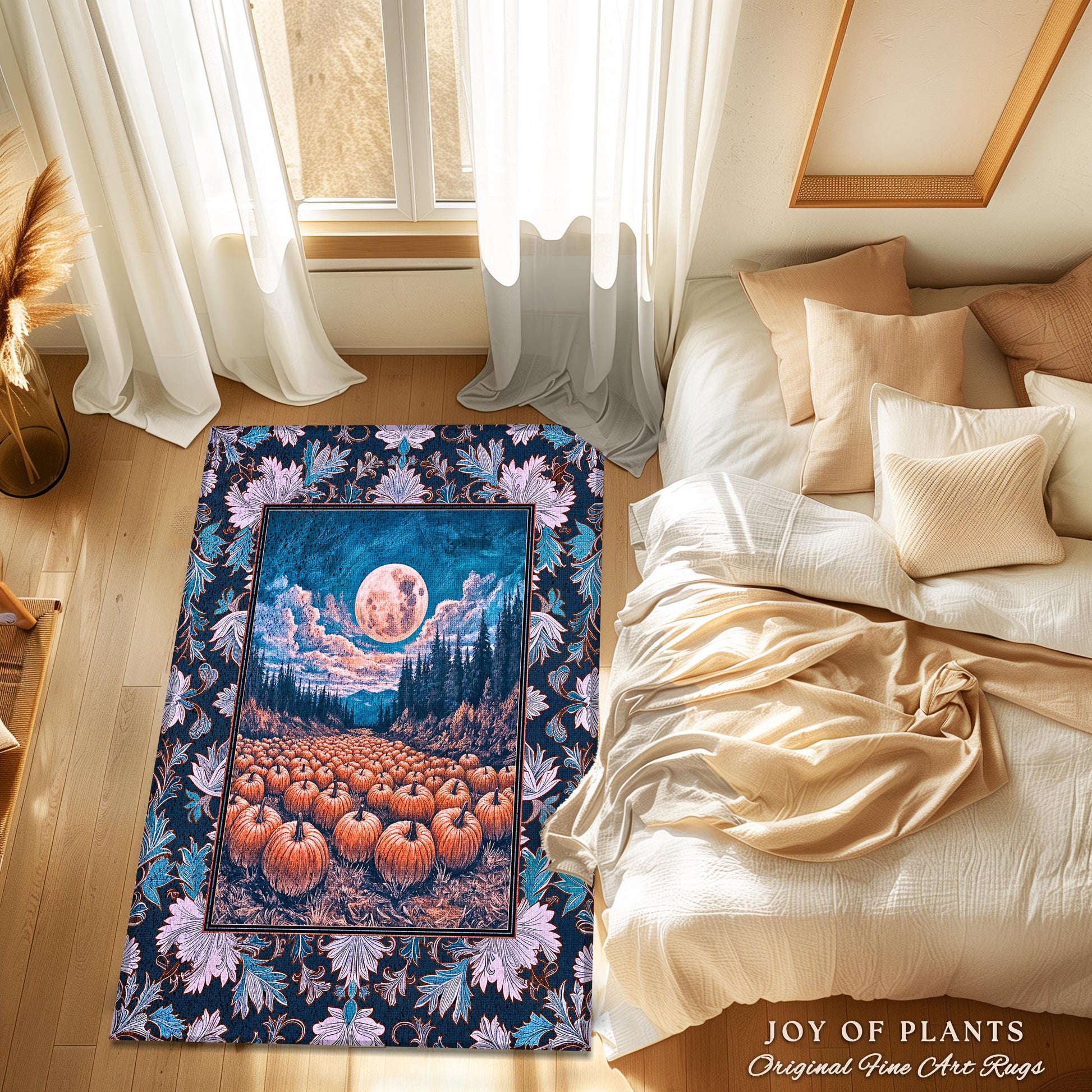 Soft Autumn Aesthetic Pumpkin Rug | Pastel Rustic Fall Bedroom Accent Decor Whimsigoth Full Moon Spooky Season Halloween Gothic Themed Dorm