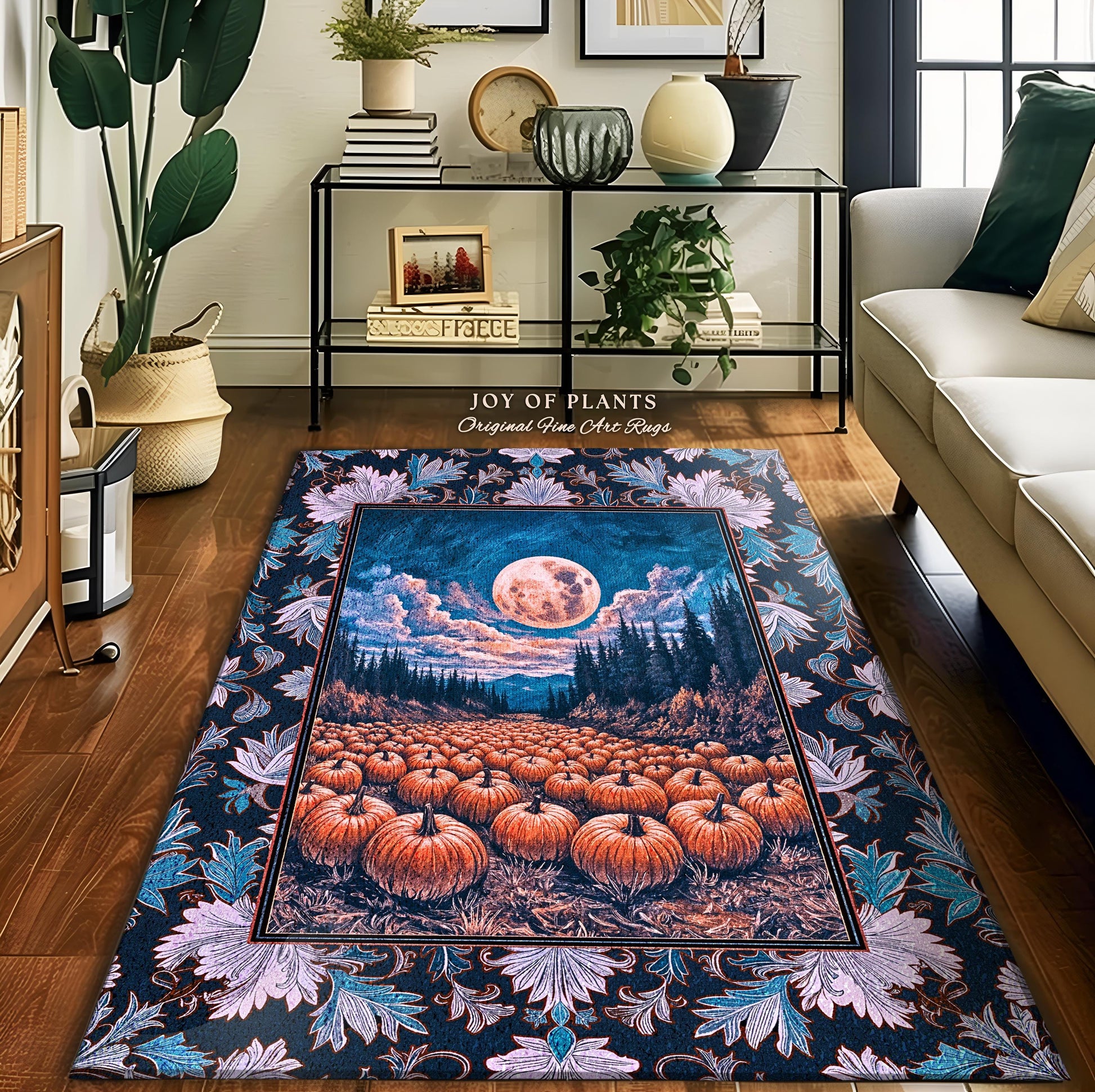 Soft Autumn Aesthetic Pumpkin Rug | Pastel Rustic Fall Bedroom Accent Decor Whimsigoth Full Moon Spooky Season Halloween Gothic Themed Dorm