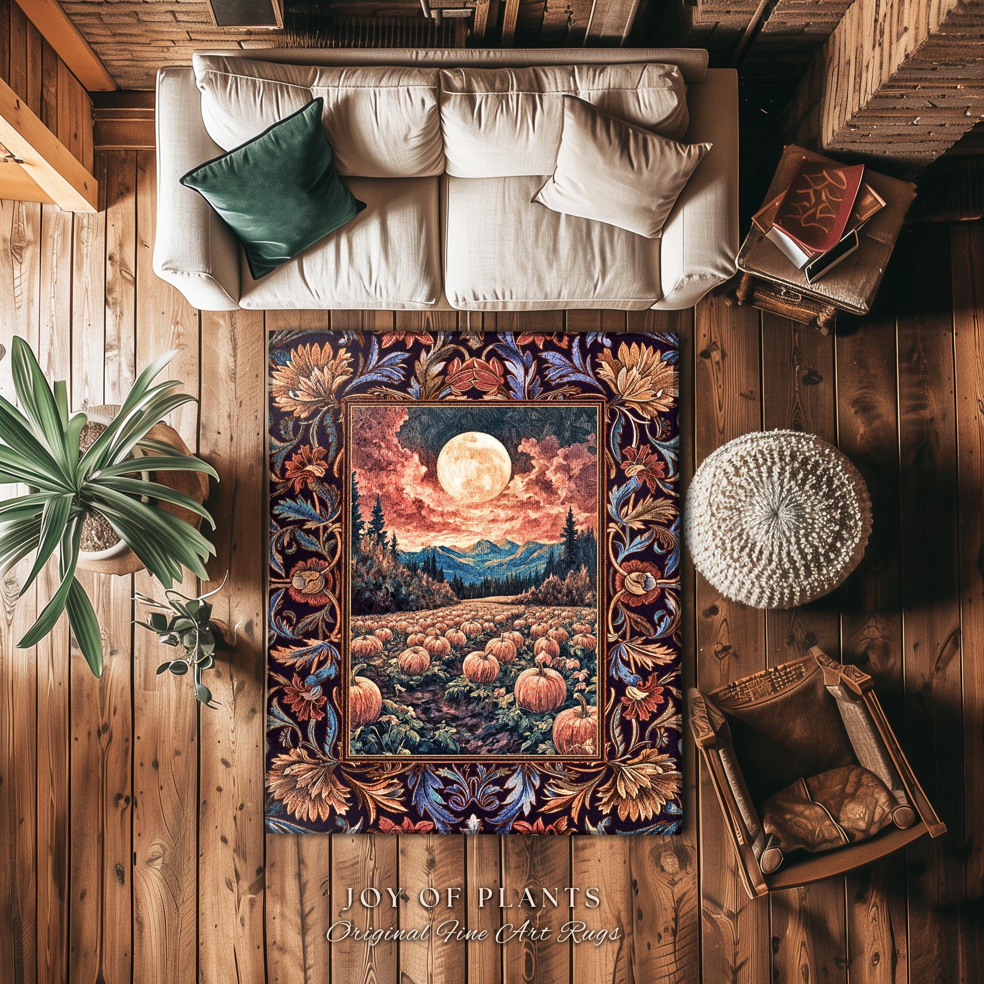 Lunar Night Sky Fall Pumpkin Rug | Autumn Aesthetic Rustic Bedroom Accent Rug Dark Academia Decor Cute Spooky Halloween Vibes Eclectic Style